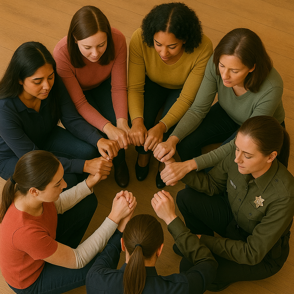 Eight women sitting on the floor in a circle, holding hands together in a show of unity and teamwork.