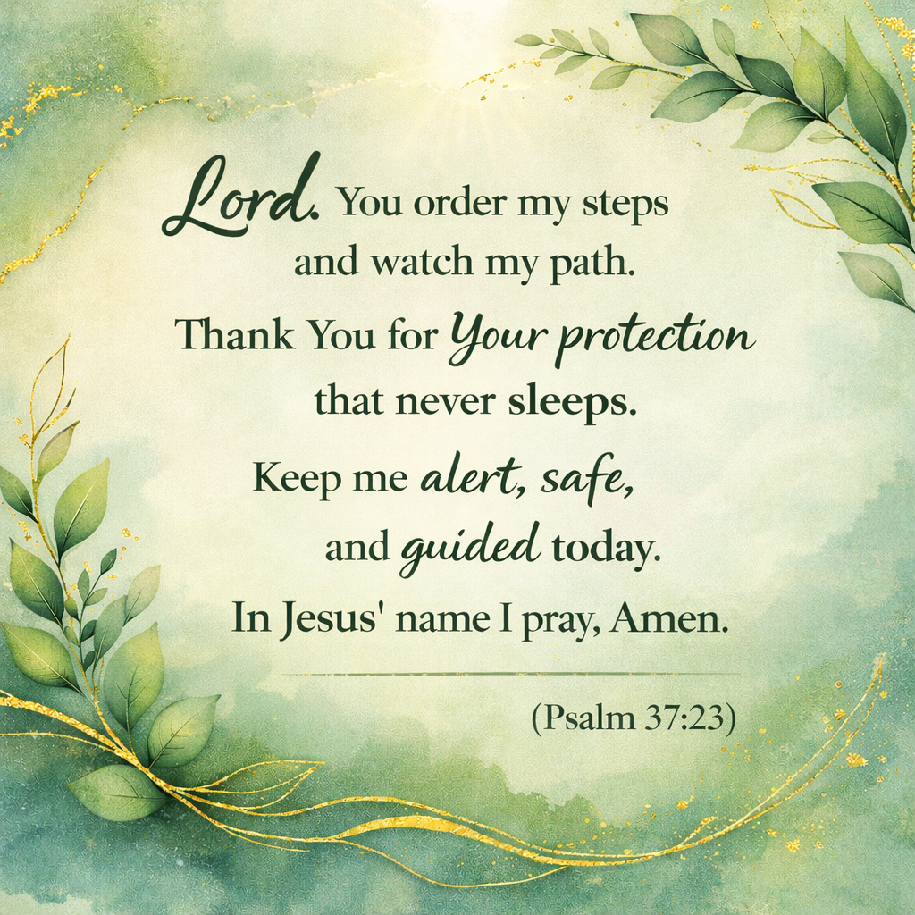 Daily Prayer - A Prayer for Protection, Ordering of Steps and Being Alert Lord, You order my steps and watch my path. Thank You for Your protection that never sleeps. Keep me alert, safe, and guided today. In Jesus’ name I pray, Amen. (Psalm 37:23)