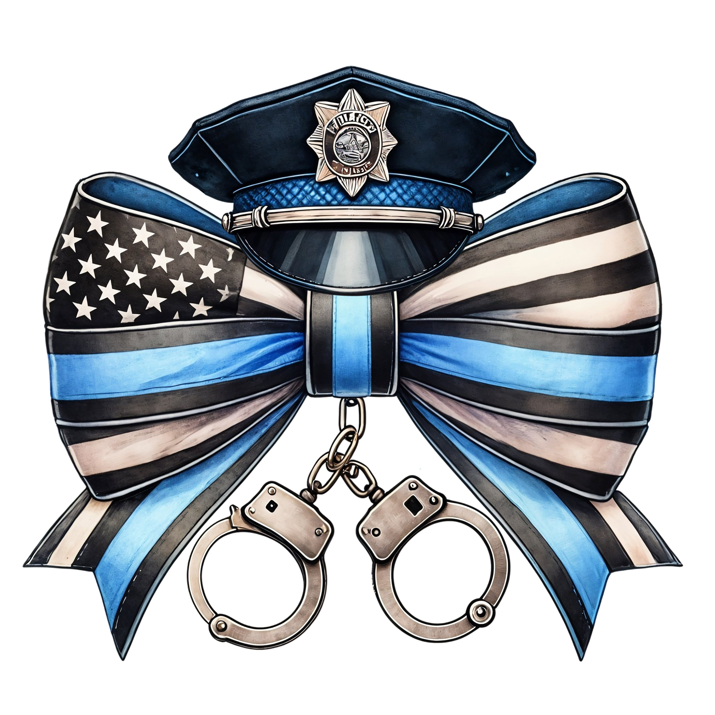 A police badge and hat placed on a large black and white American flag-themed bow with black, white, and blue stripes, and a pair of handcuffs hanging from the bow.