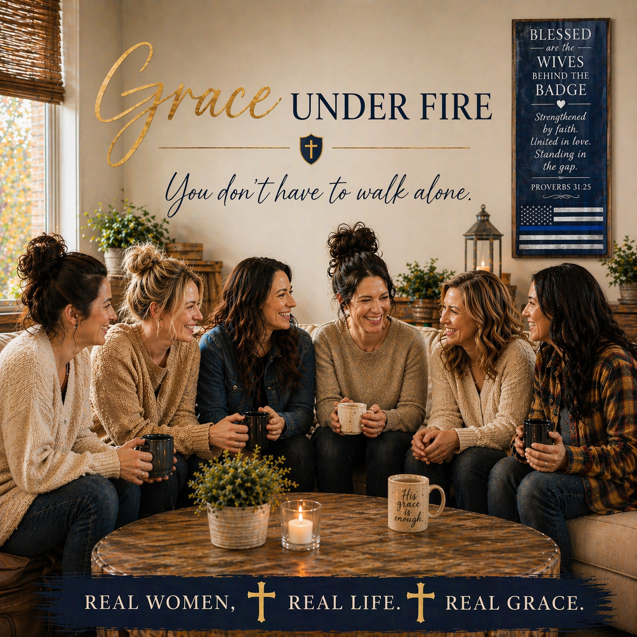 Grace Under Fire spouses gathering for faith, fellowship and encouragement while bringing their hearts together supporting "You don't have to walk alone." Community of "Real women, real life, real grace." 