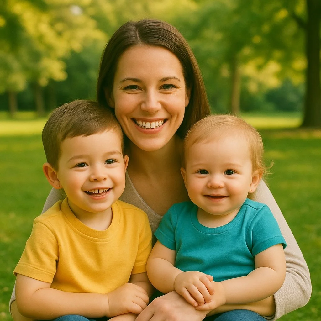 A smiling woman outdoors in a park with her son and baby representing a faith-based healing community called Haven Hearts for women and children at Loved Shack.