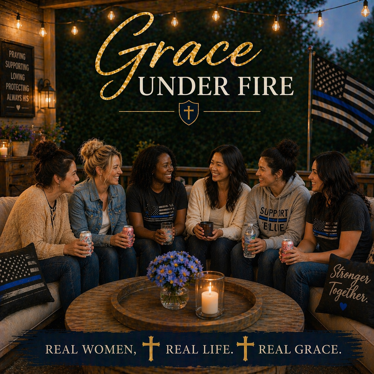 Grace Under Fire LEO spouses gather for faith, fellowship, and encouragement during an outdoor evening event with hearts connected through conversation, laughter, great food and community support because we believe we're Stronger Together.