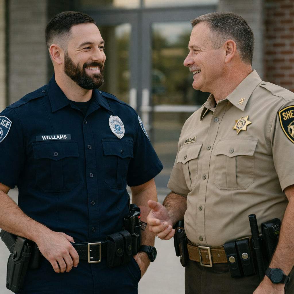 Police officer and Deputy Sheriff sharing a moment of camaraderie and teamwork effort to protect their communities.