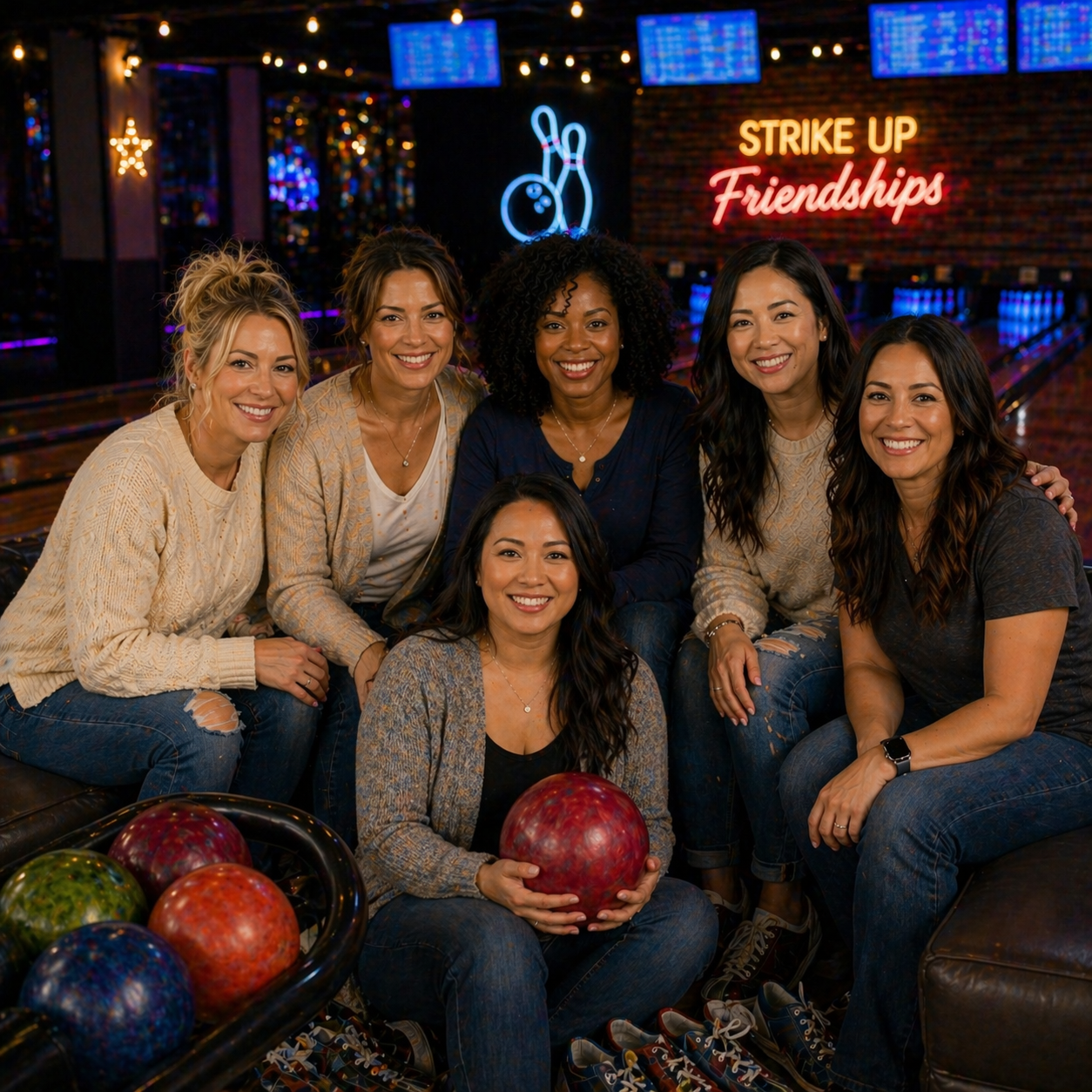 Grace Under Fire spouses posing at their gathering for faith, fellowship, and "girl time" during a bowling event called 'Strike Up Friendships' for conversation, laughter, and community support. 