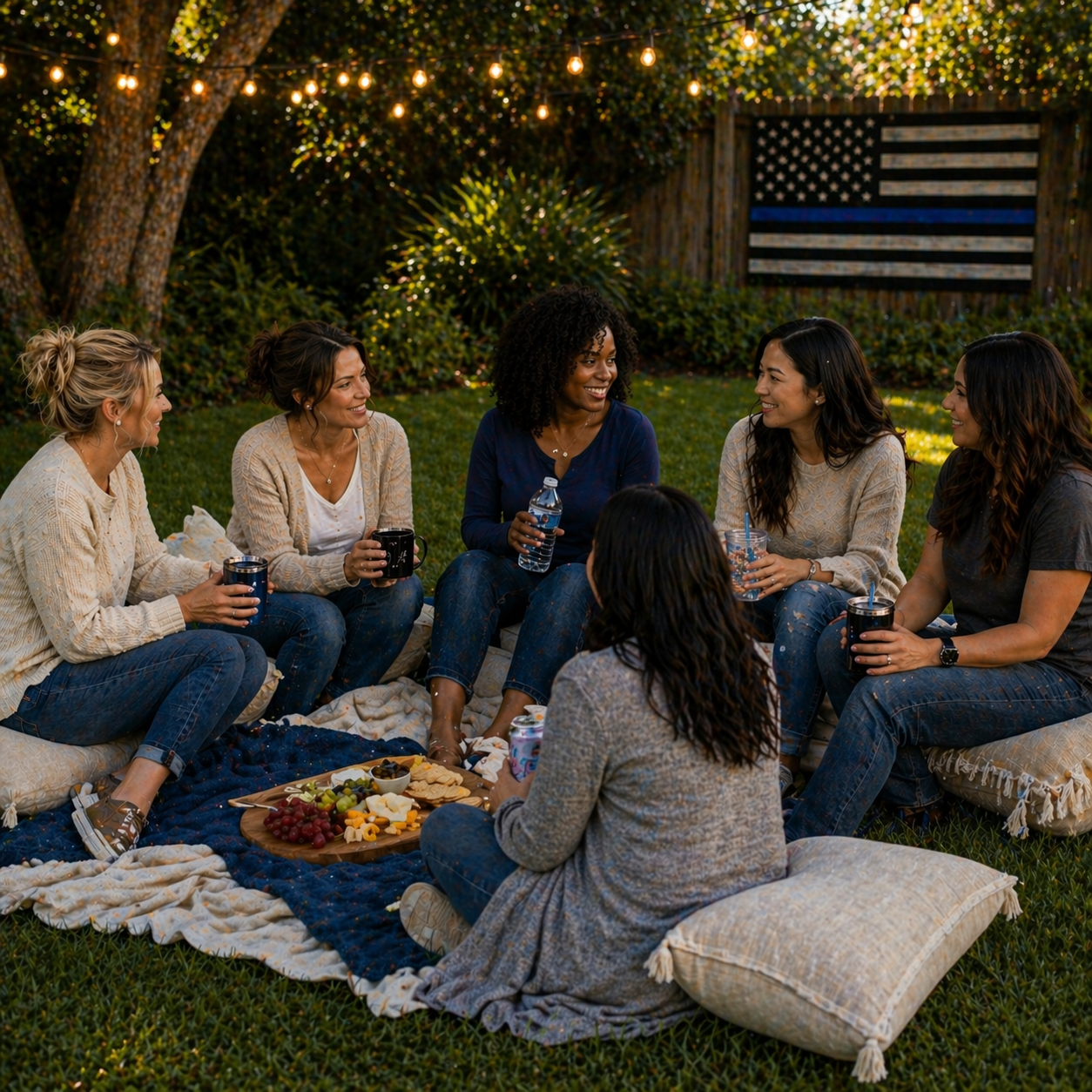 Grace Under Fire spouses gathering for faith, fellowship and encouragement, during an outdoor evening picnic with conversation, laughter, and community support during a picnic in a backyard setting.
