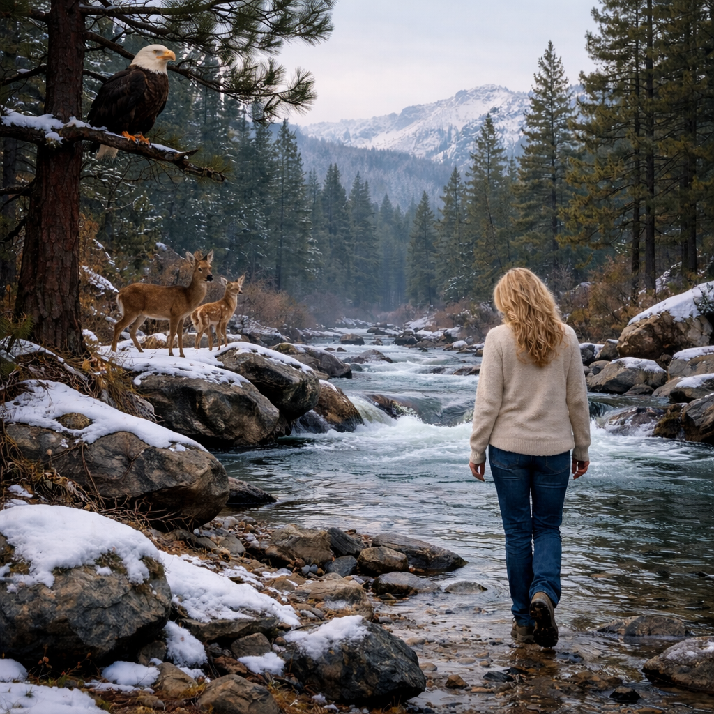 Chaplain's Corner, solitude walking among a rocky riverbank in a snowy forest, with deer and an eagle perched on a tree branch nearby, and snow-covered mountains in the background.