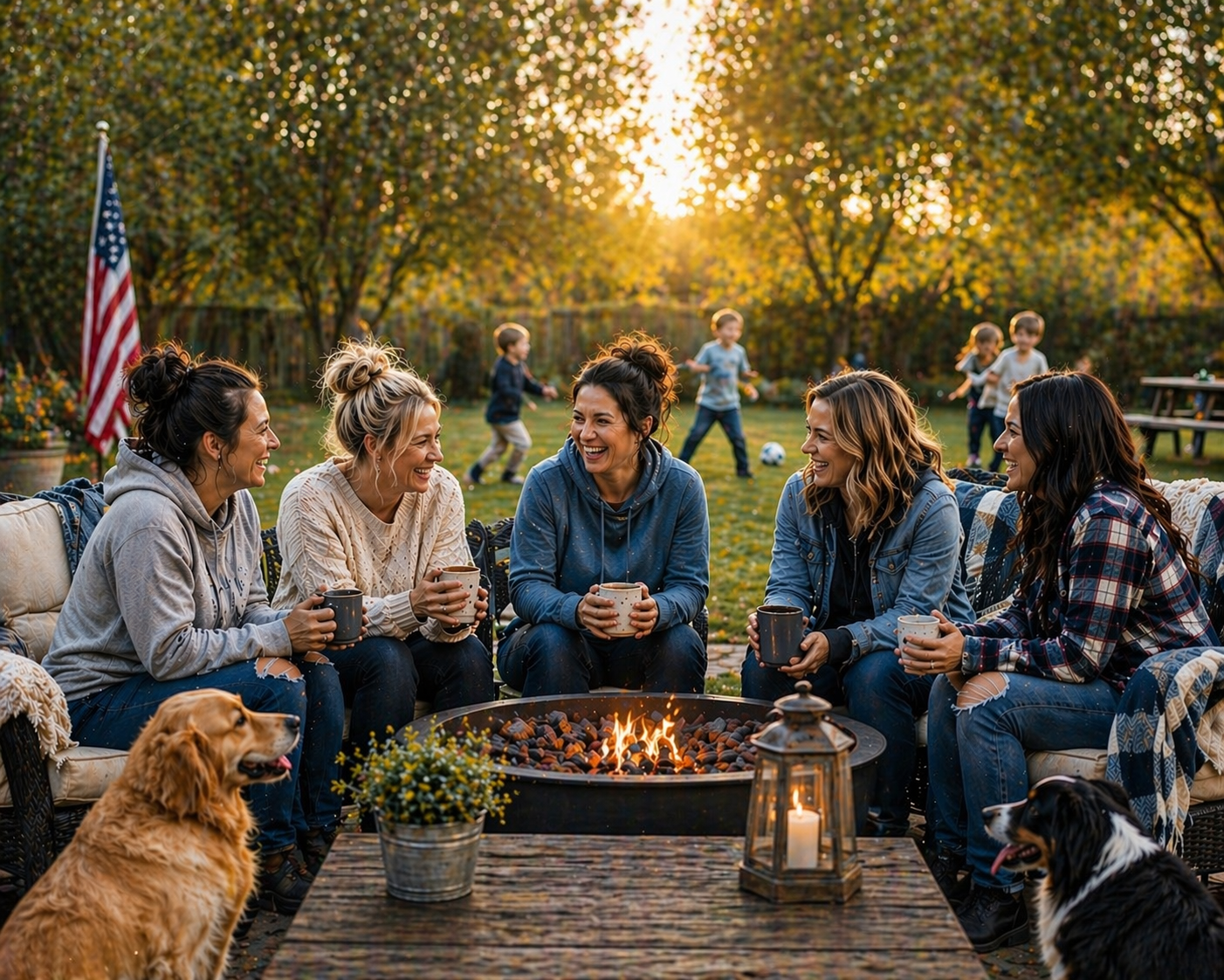 Grace Under Fire spouses gathering for faith, fellowship, and fun, sitting around a fire pit and talking, during an outdoor evening with their children playing in the background during sunset with laughter and community support.