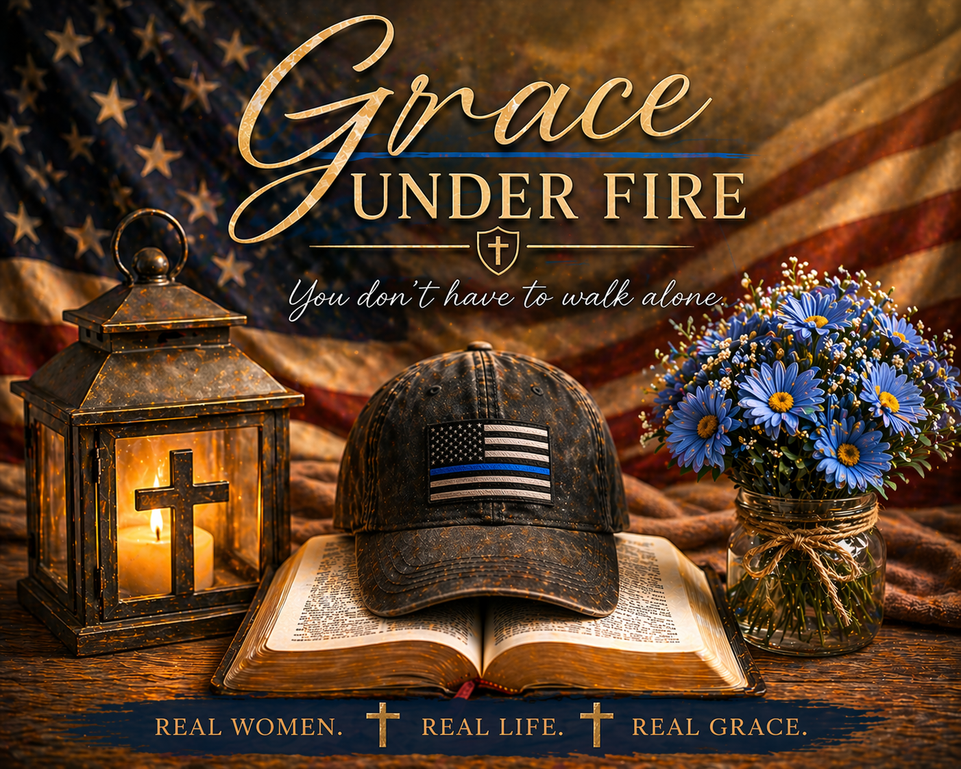 A memorial display for 'Grace Under Fire, a community for spouses and partners of law enforcement and correctional officers where our hearts walk out "You don't have to walk alone, because we're 'Real women' who do 'Real life' with 'Real grace.'"