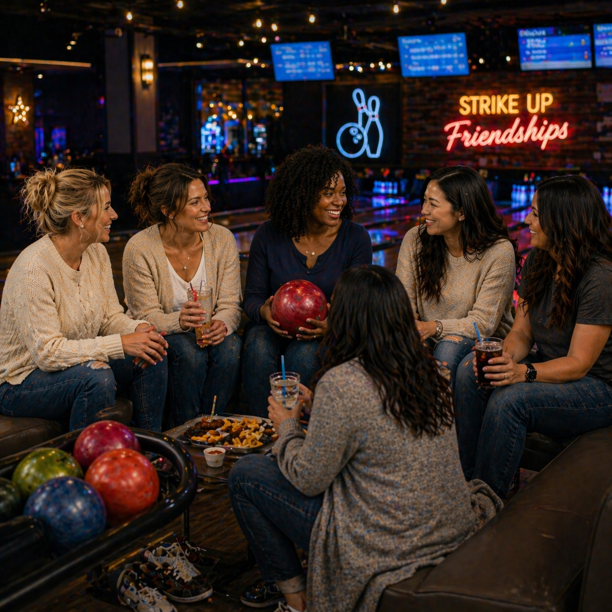Grace Under Fire women enjoying a night out at a bowling alley, surrounded by smiles, conversation, drinks, snacks and bowling balls, during their 'Strike Up Friendships' community gathering.