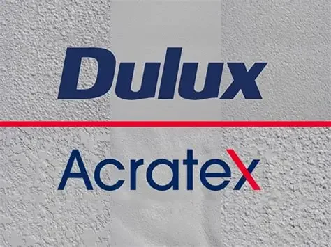 Dulux and AcrateX paint brand logos on a textured wall.