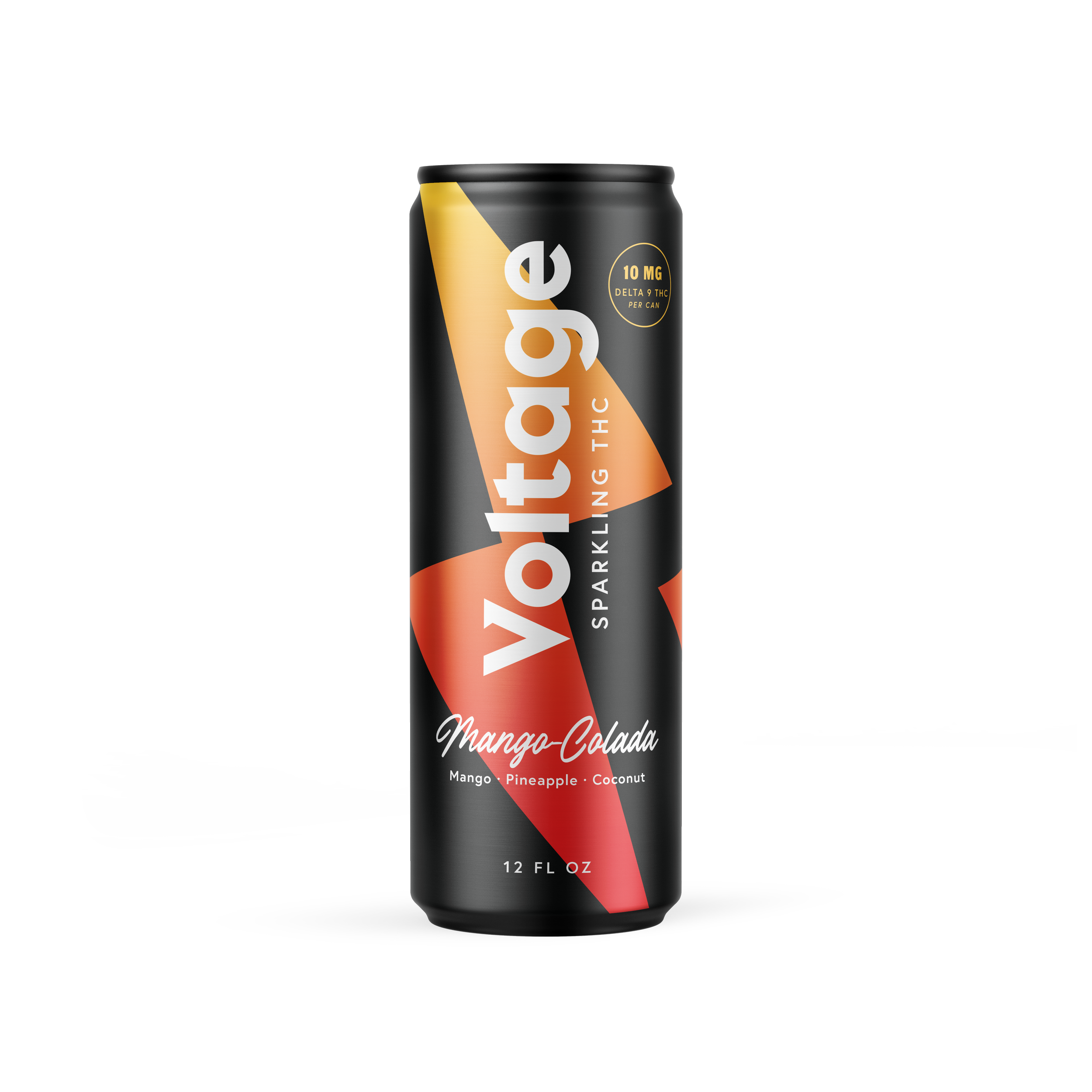 A can of V Tag Sparkling THC beverage in Mango-Colada flavor, featuring a black, orange, and red design with the brand name and flavor prominently displayed.