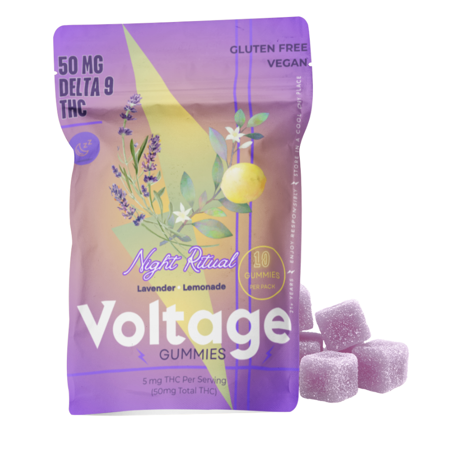 A package of Voltage Gummies with a purple design, featuring lavender and lemon illustrations, labeled as 'Night Ritual' and containing 10 lemon-flavored gummies, gluten-free, vegan, with 50mg THC, and an image of three lavender-colored gummies next to the package.