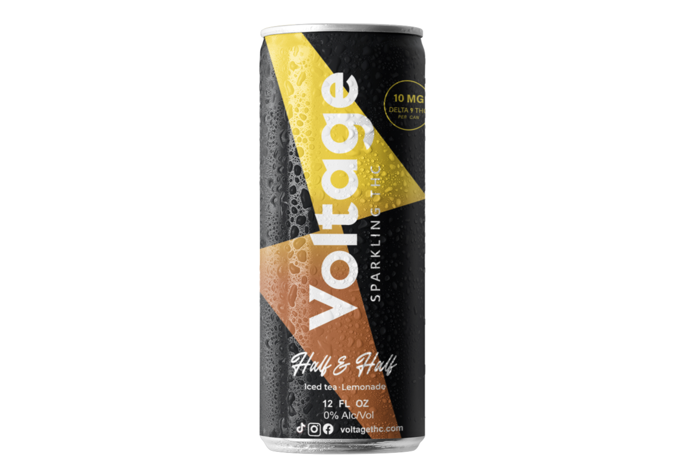 A can of Voltage Sparkling THC Half & Half iced tea and lemonade beverage with a black, yellow, and orange design, condensation droplets, and text indicating it contains 10 mg THC per can and 0% alcohol.