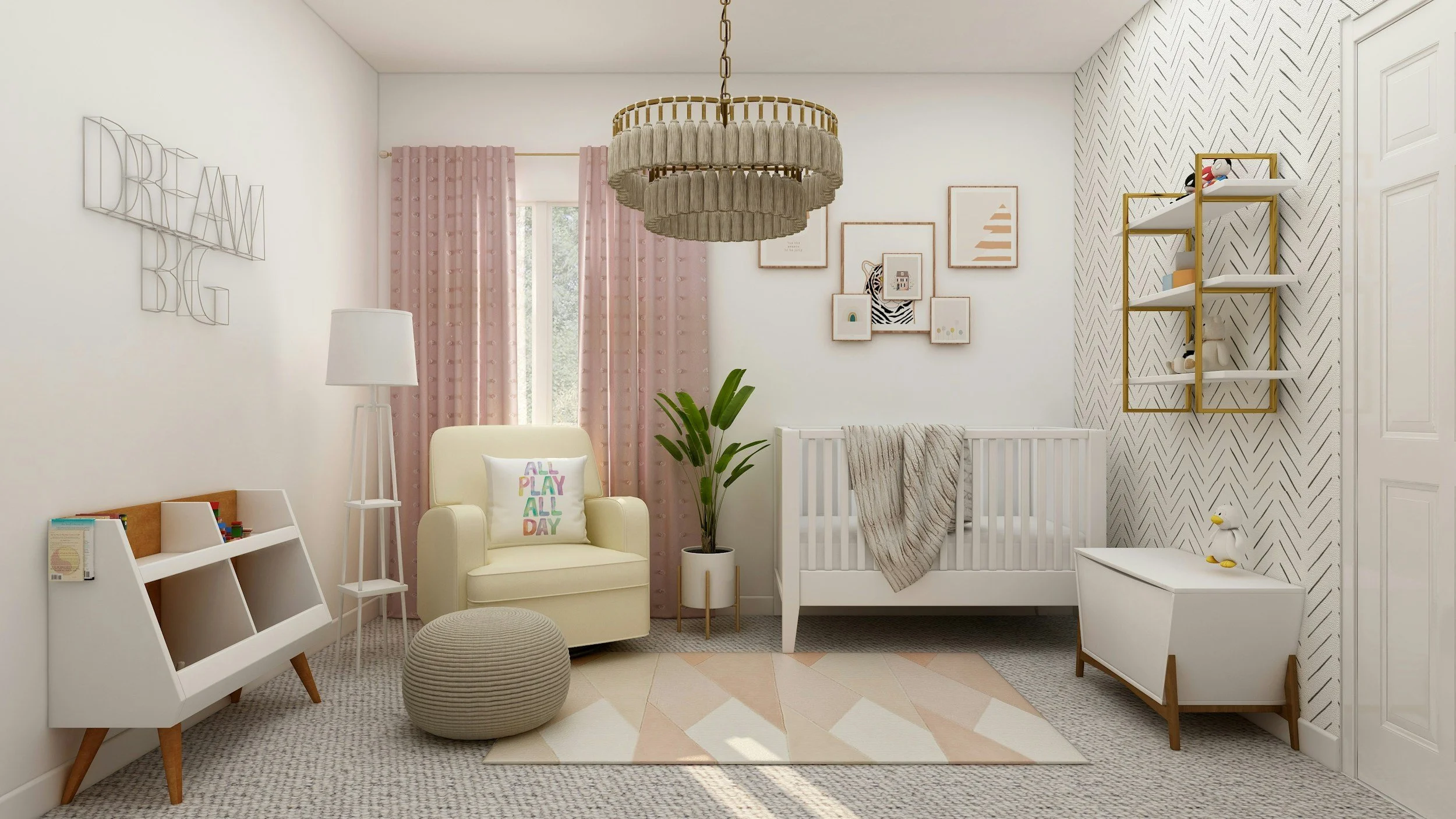 A nursery room decorated with pink curtains, artwork on the walls, a white crib with a beige blanket, a yellow armchair with a colorful pillow, a cabinet with children's books, and a white shelf with plush toys and figurines. A chandelier hangs from 