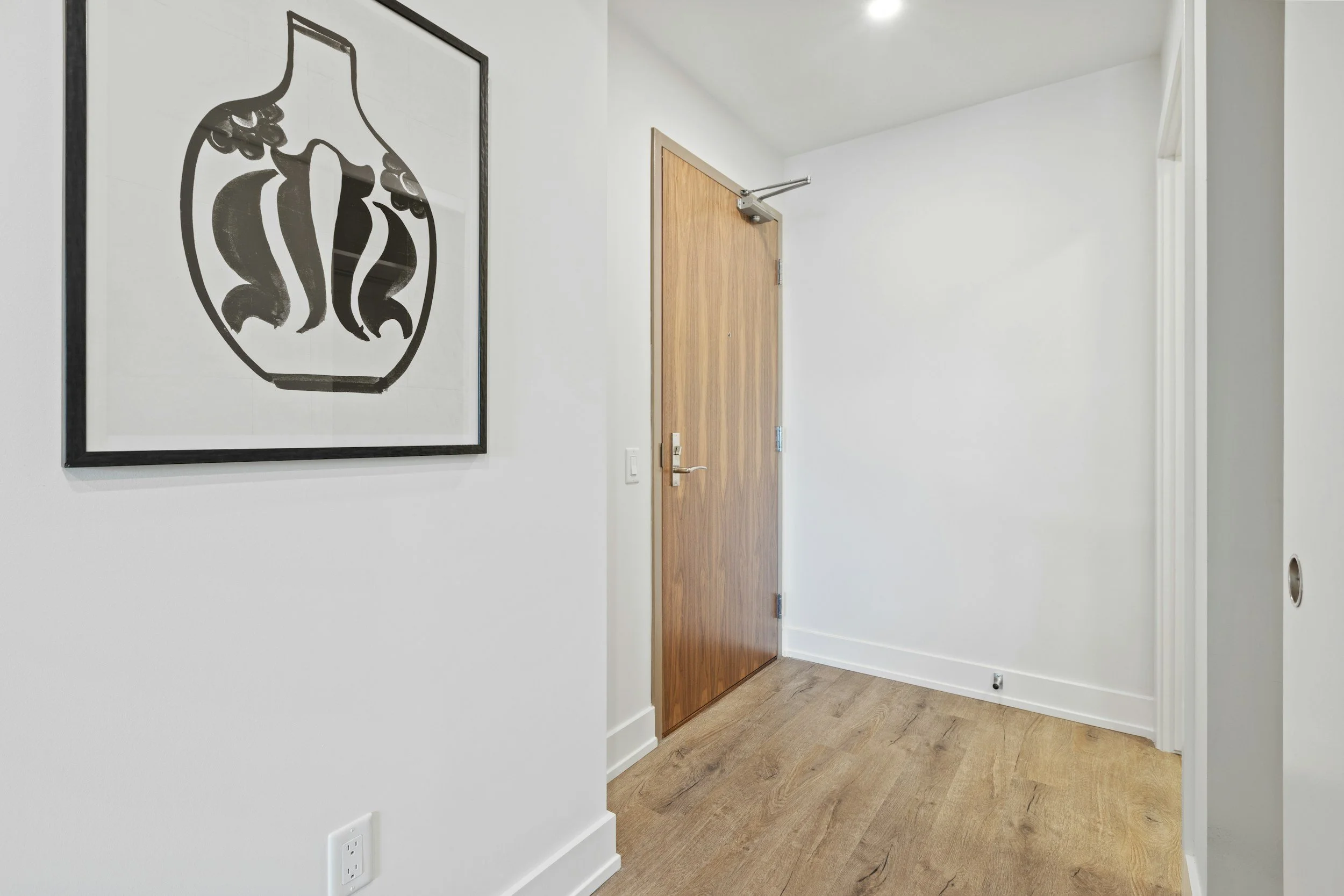 Interior hallway with a wooden door, a black-and-white framed artwork on the wall, and a wooden floor.