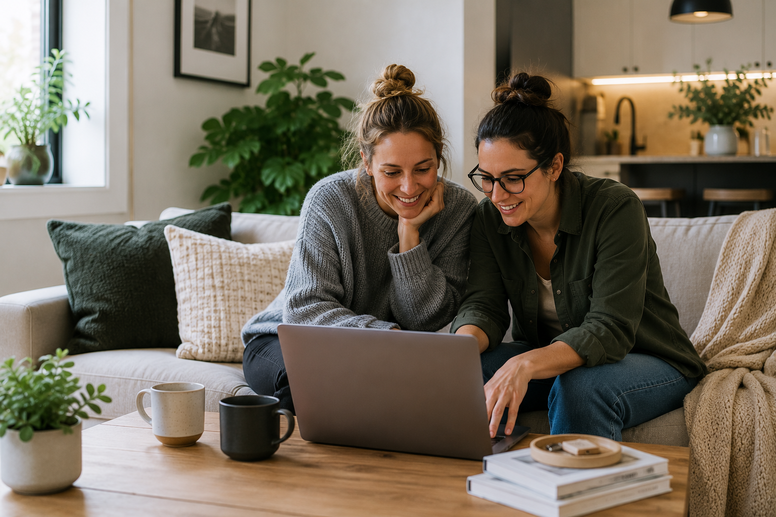 Two women sitting on a couch looking at a laptop together
