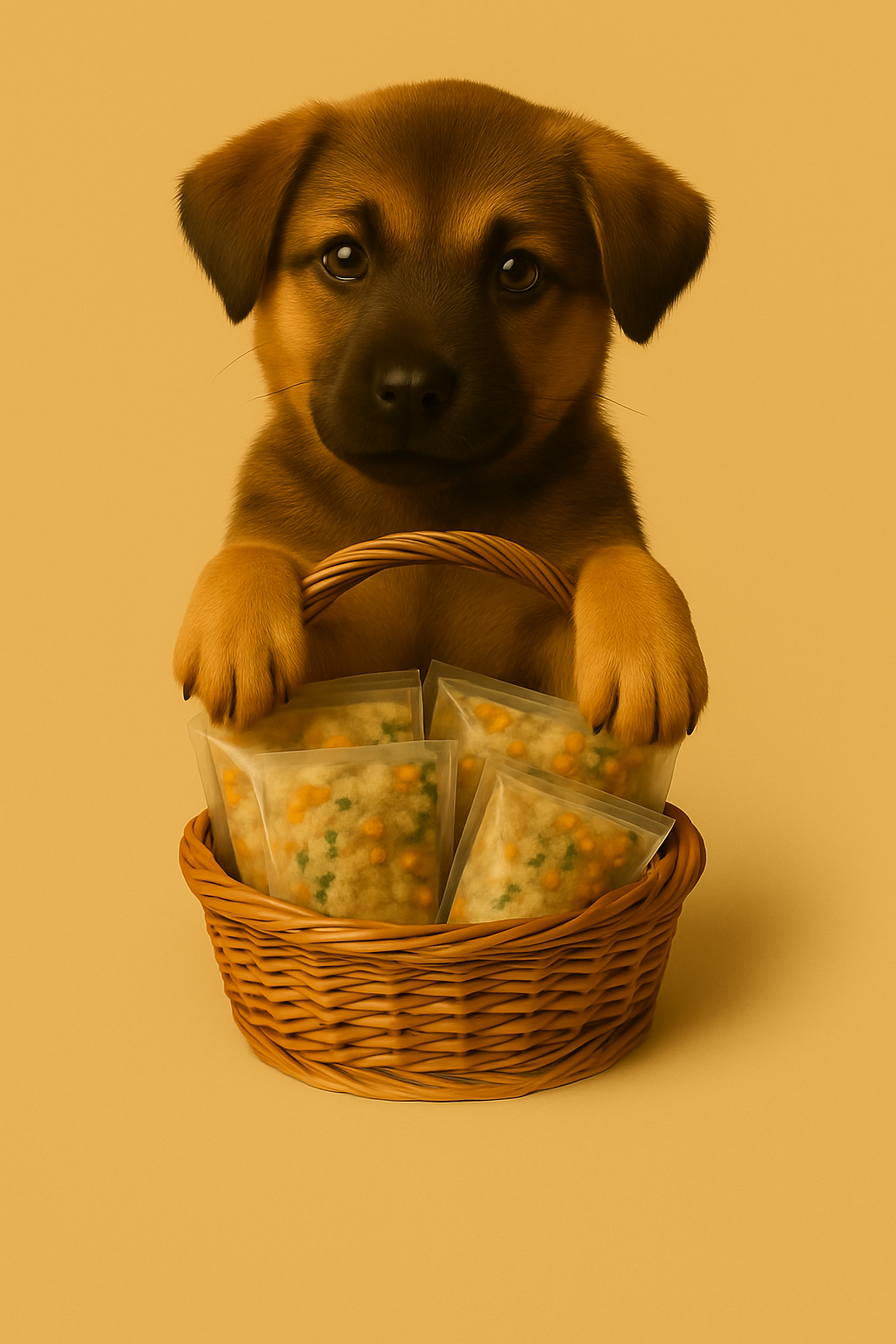 A cute puppy with brown fur and black markings on its face, holding a small wicker basket filled with sealed plastic bags containing decorated cookies, against a plain beige background.