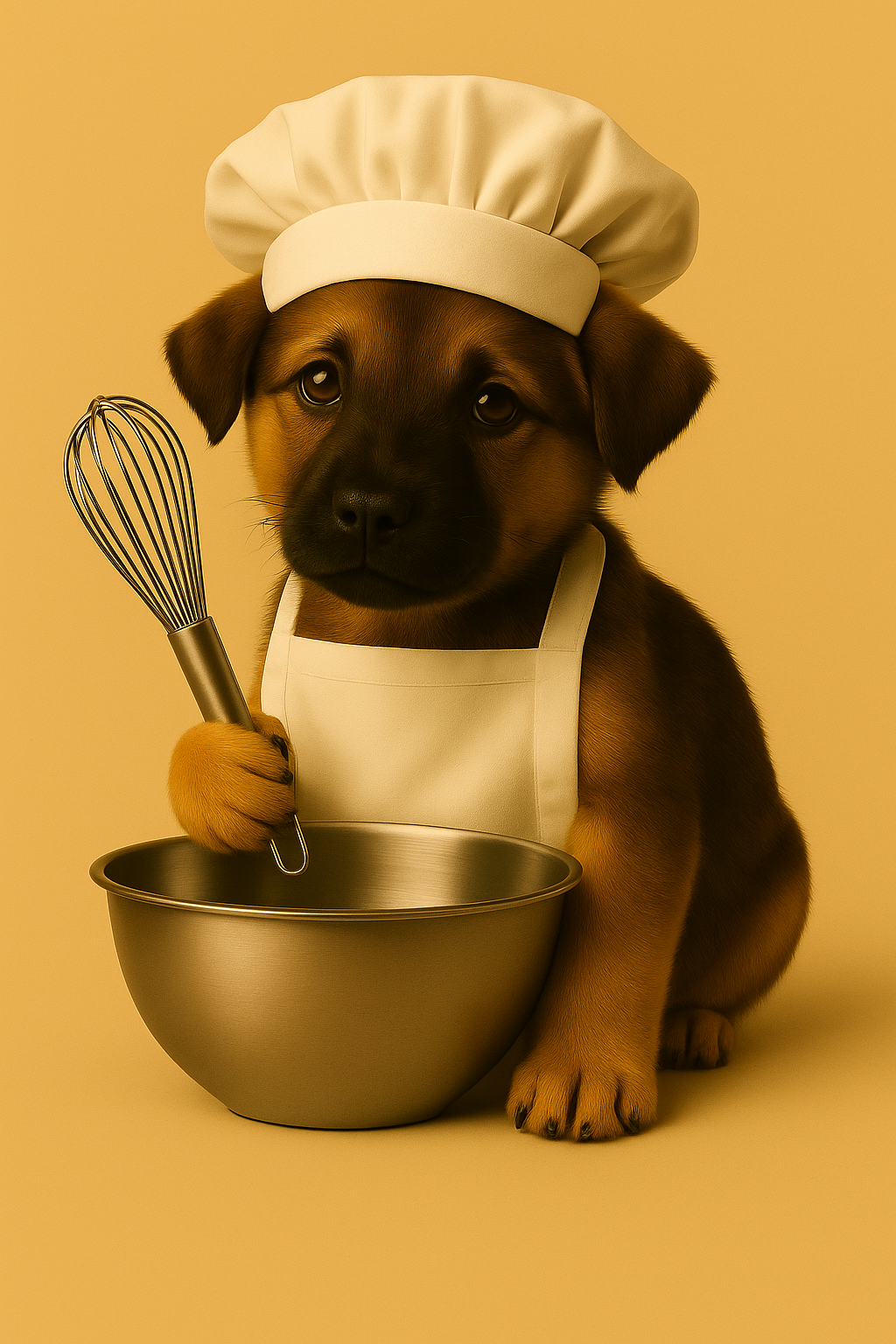 A puppy dressed as a chef, wearing a white chef's hat and apron, sitting with a mixing bowl and a whisk in a studio with a plain yellow background.