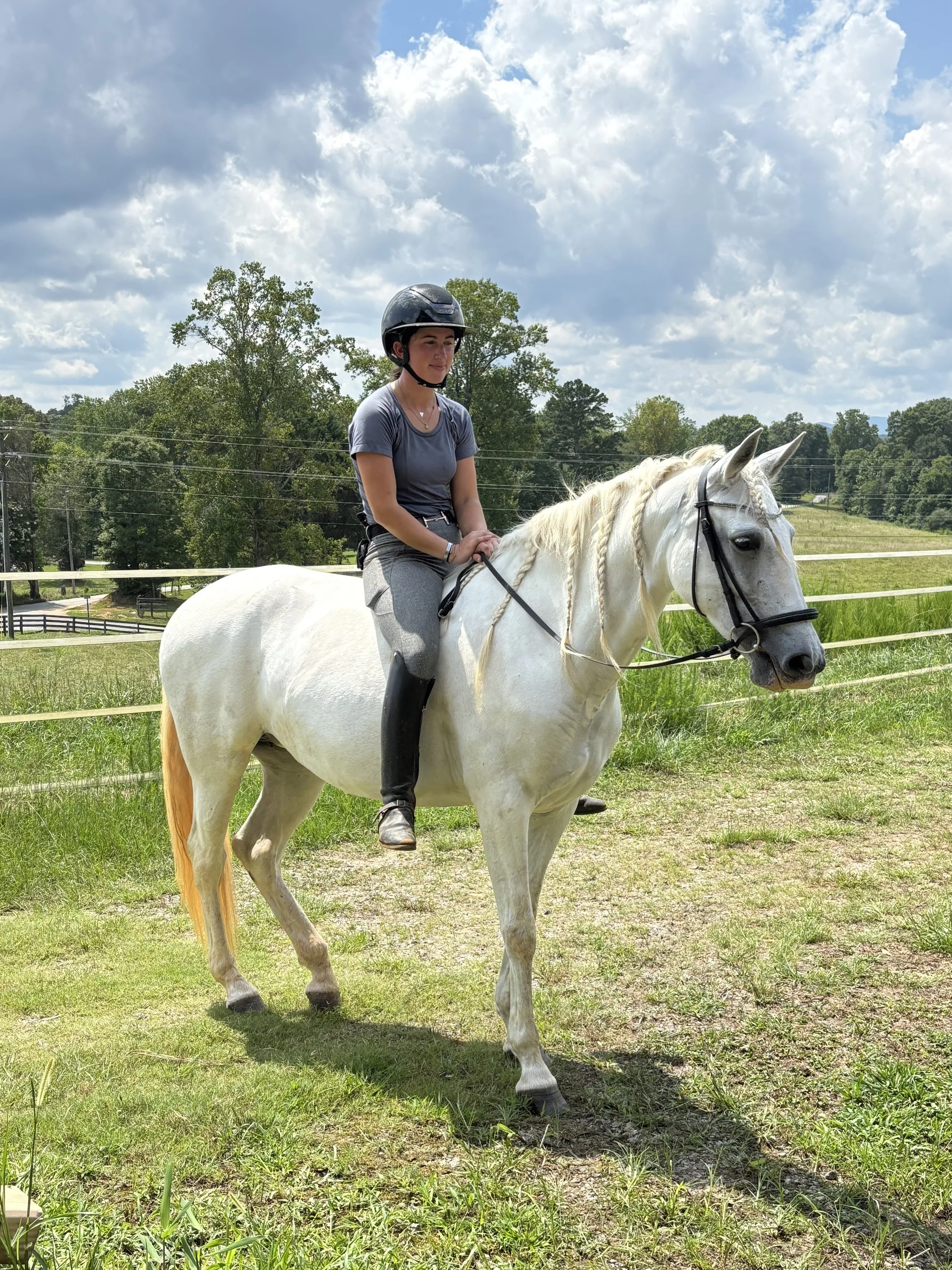 A woman wearing a black riding helmet, gray t-shirt, and gray riding pants riding a white horse with a braided mane on a grassy field. Trees and cloudy sky in the background.