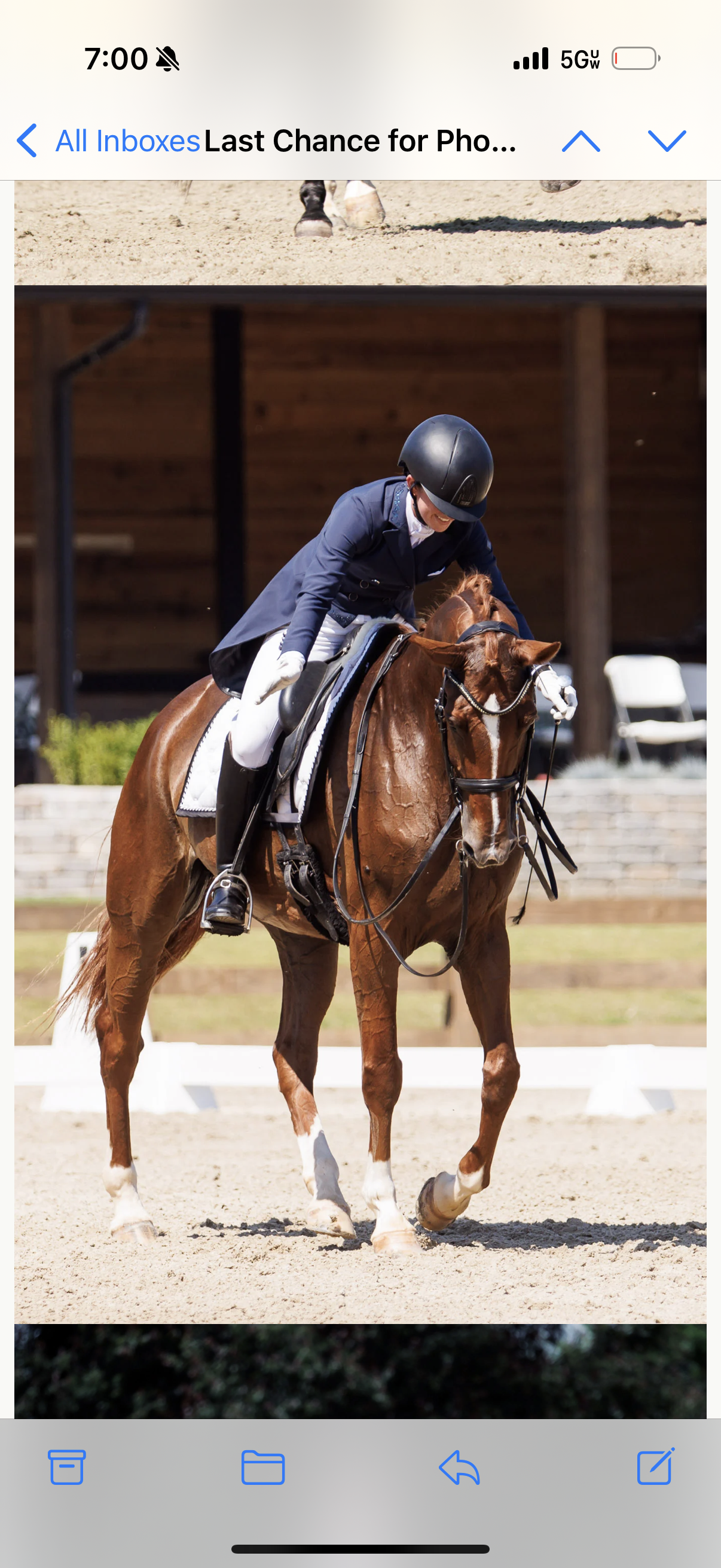 A woman dressed in a riding jacket, helmet, and riding gear riding a chestnut horse in an outdoor arena.