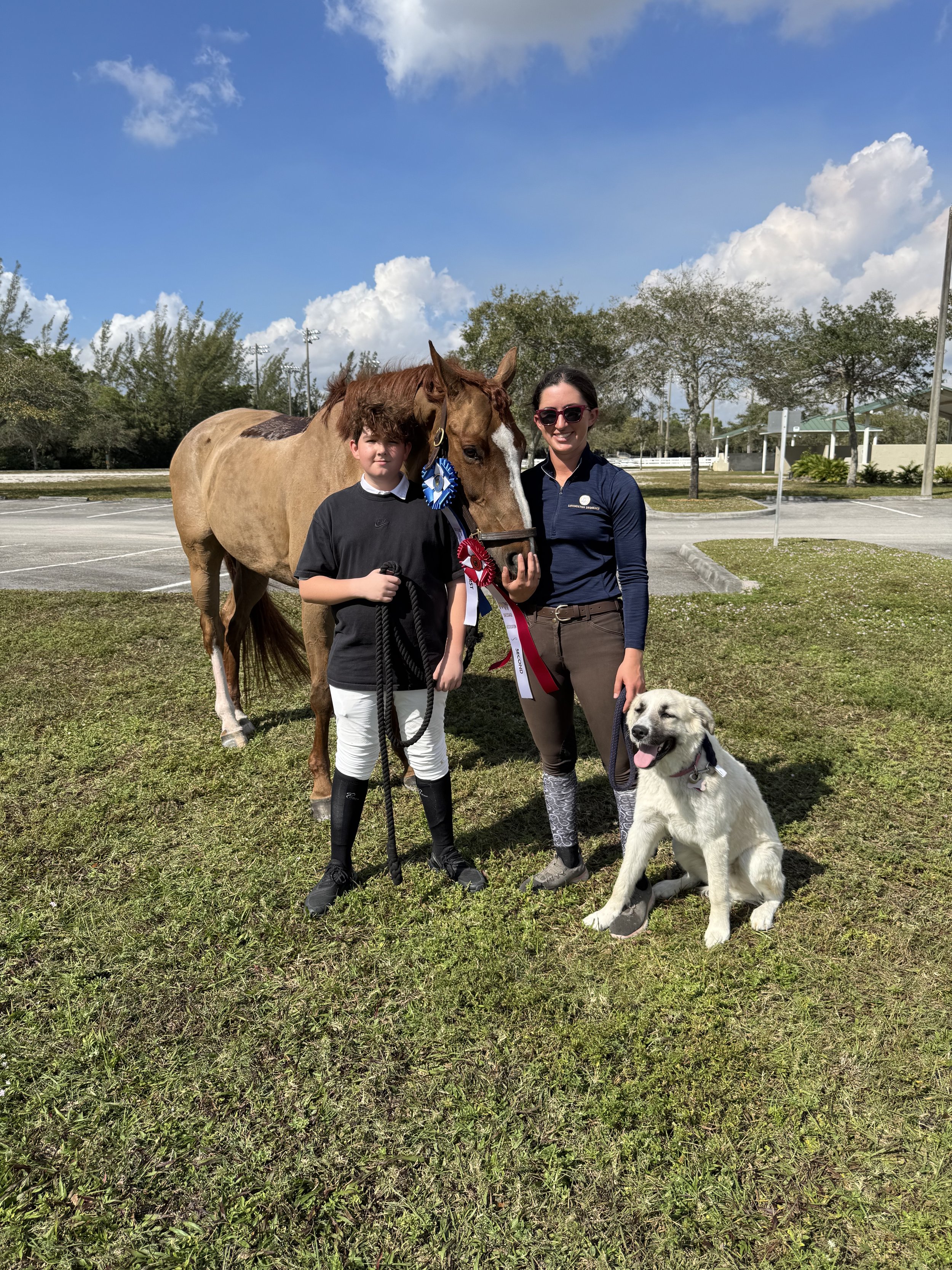 A young boy and a woman with a dog and a horse in an outdoor area with trees and a parking lot. The horse has medals on its bridle, and the woman and boy are smiling.