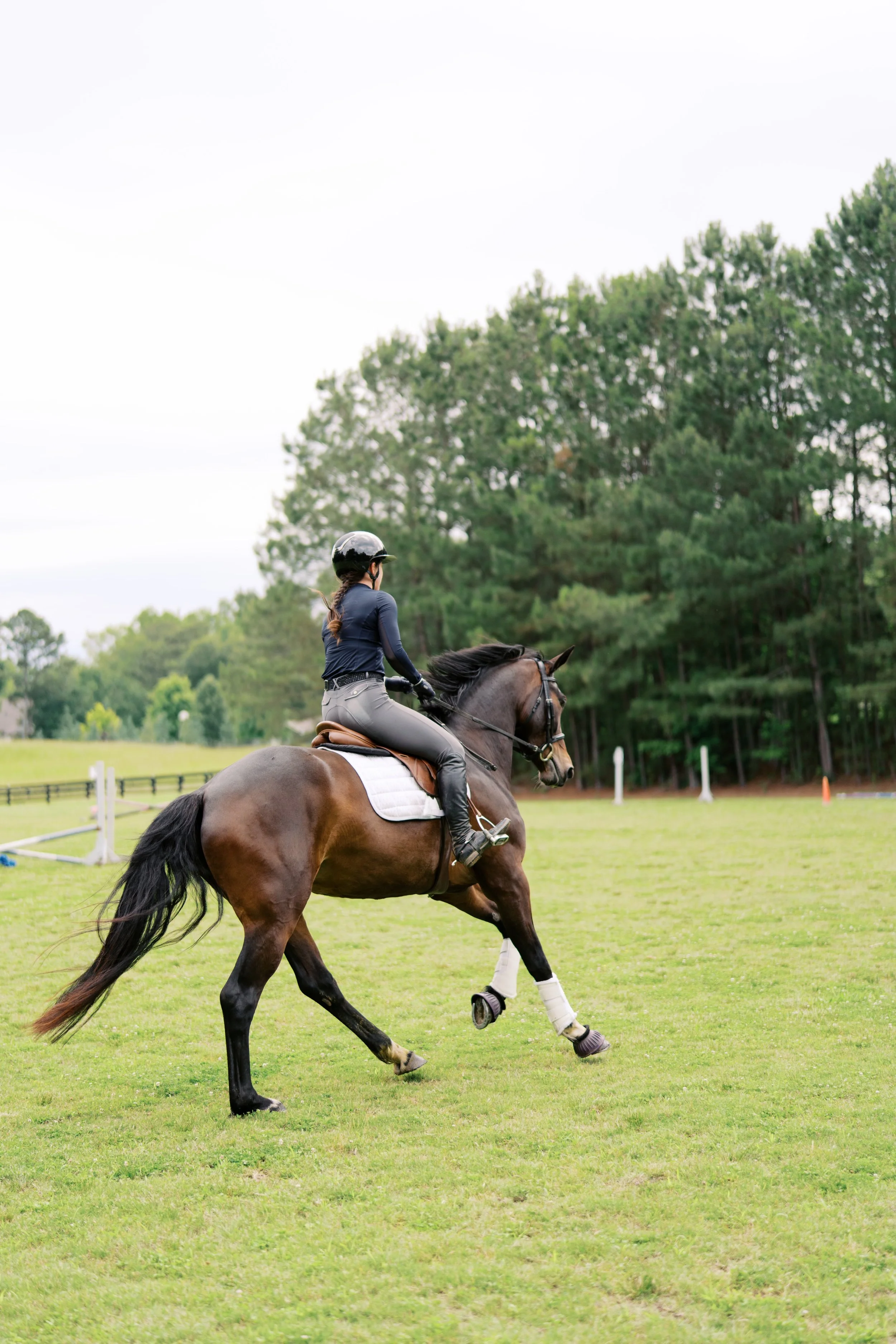 A woman riding a horse on a grassy field, wearing riding gear and a helmet, with a background of trees and cloudy sky.