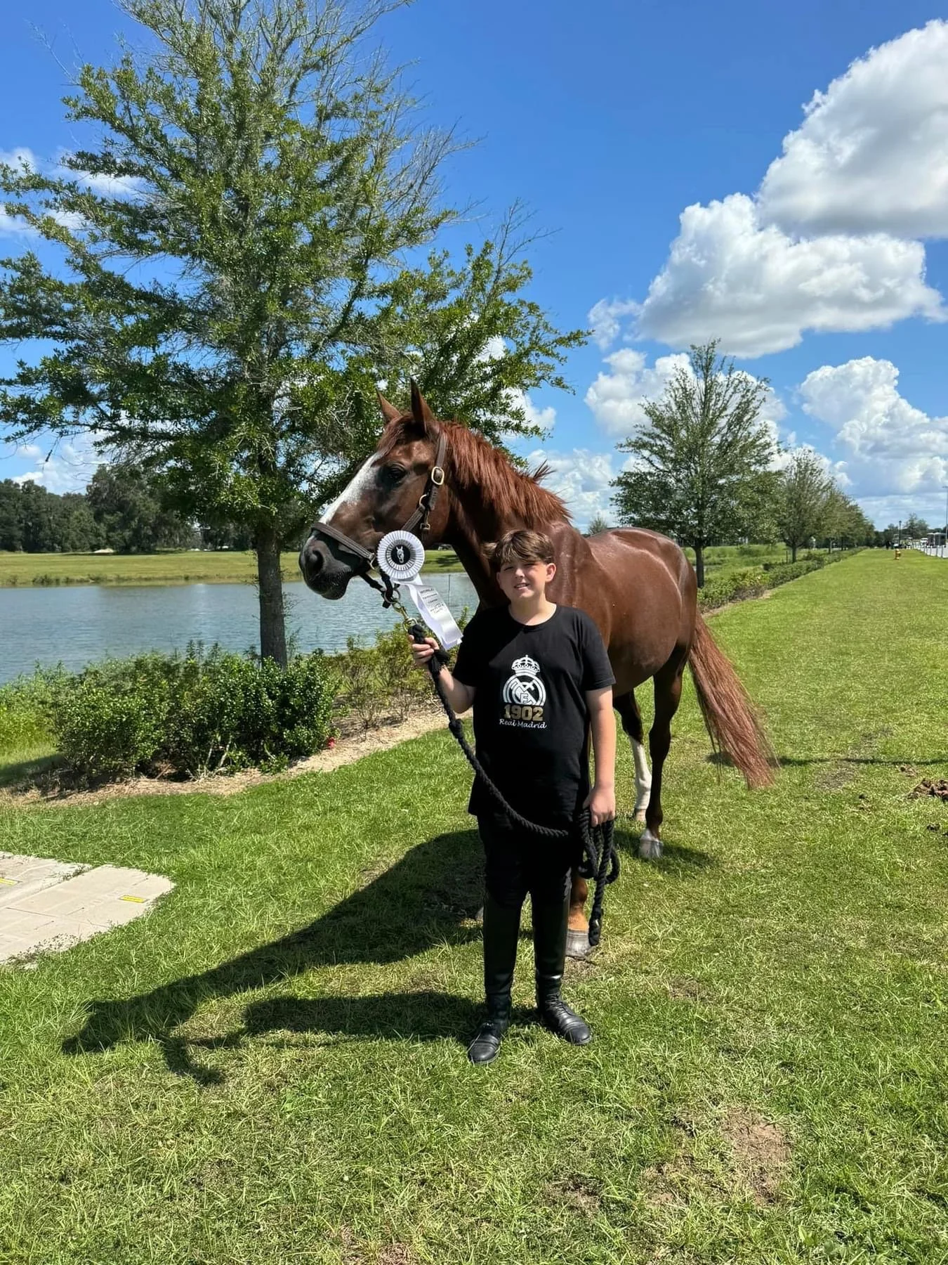 A boy holding a horse's lead rope standing next to a brown horse with a ribbon on its bridle, outdoors near a lake and trees on a sunny day.