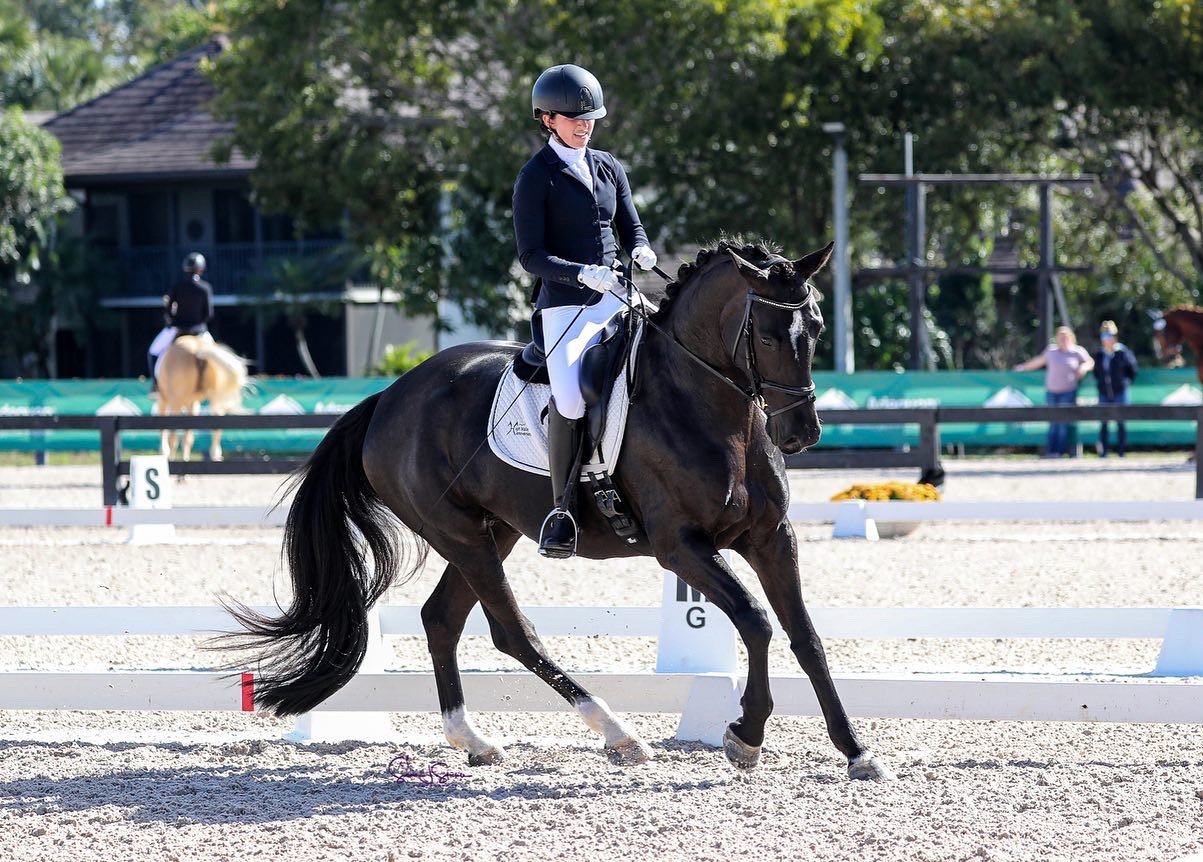 A female equestrian riding a dark horse in a dressage arena during a competition.