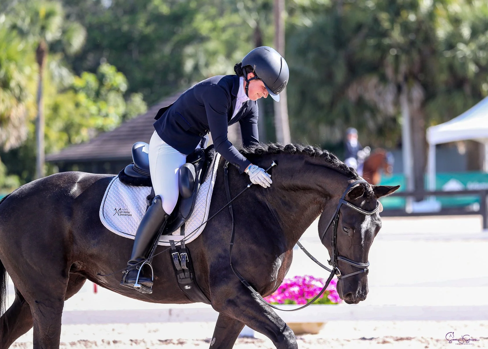 A female equestrian rider in formal riding attire and a helmet riding a dark brown horse at a competition.