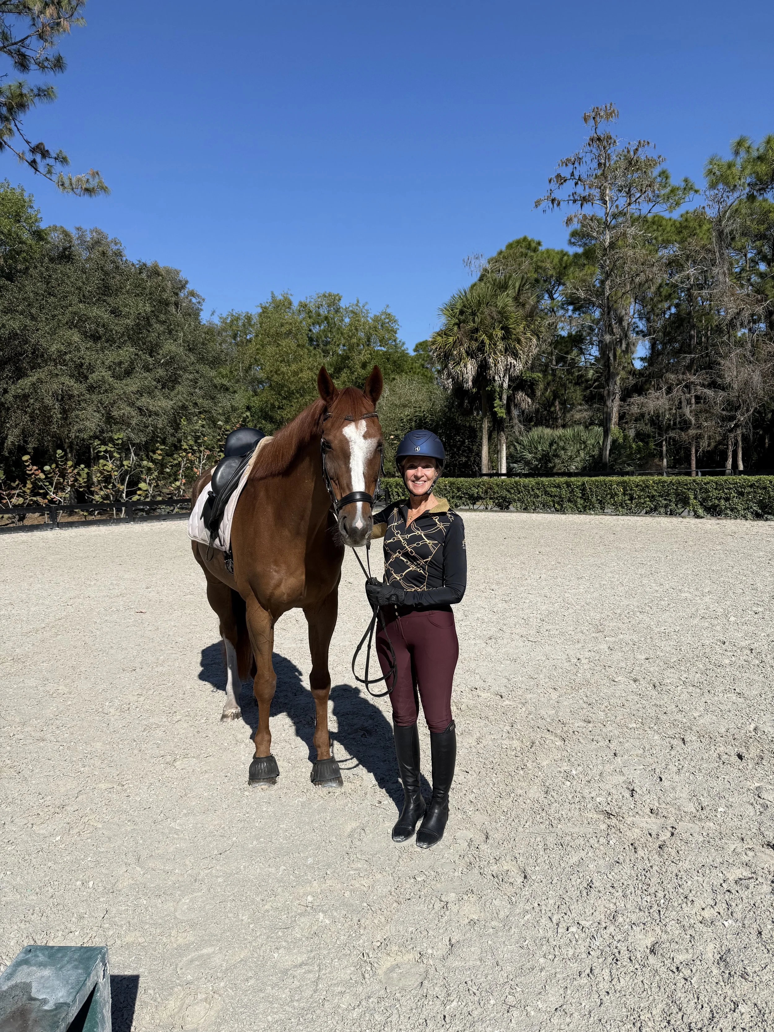 A woman standing next to a brown horse in an outdoor riding arena with trees and a clear blue sky in the background.