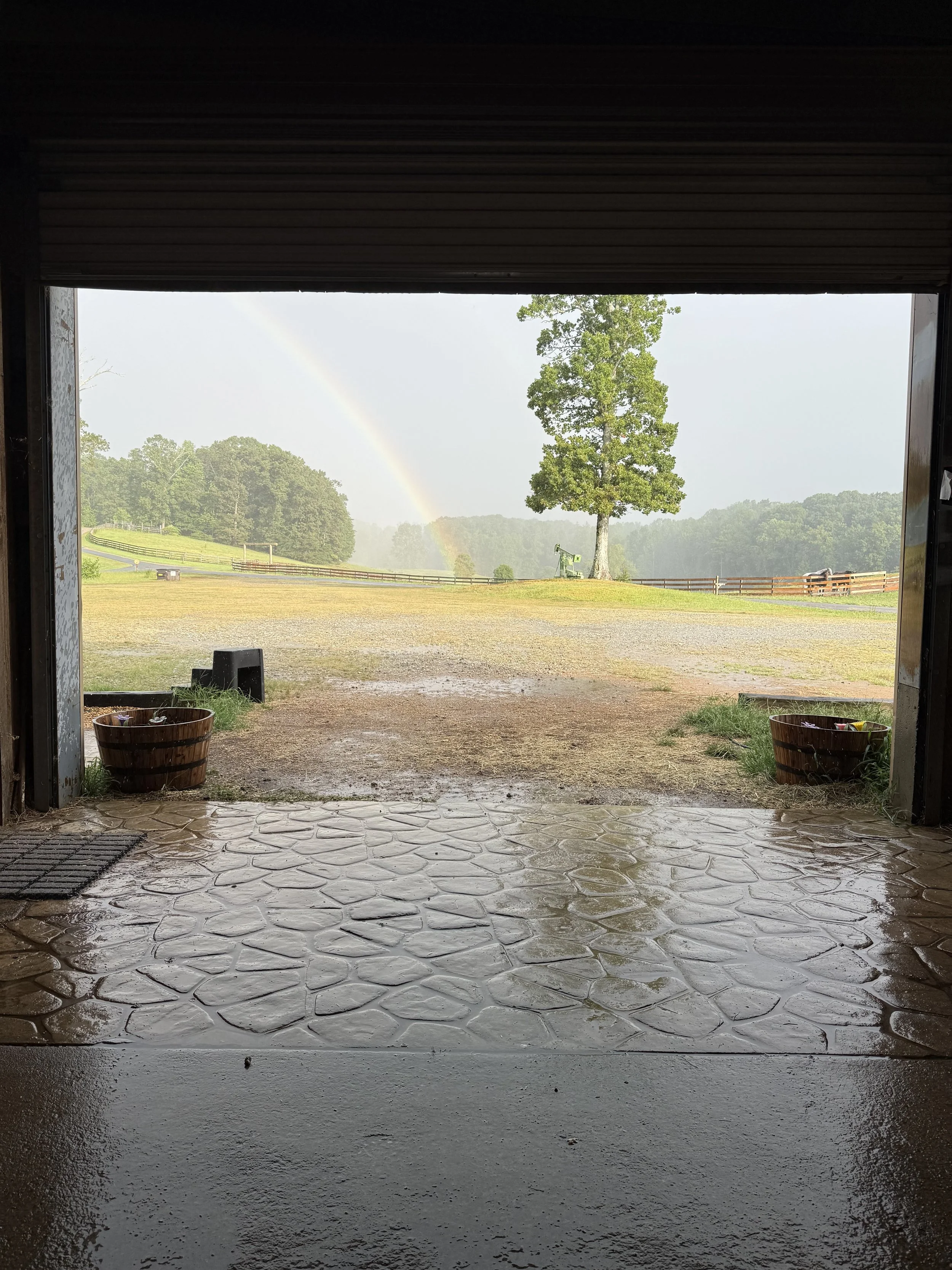 View from inside a building looking out through an open garage door, rain on the cobblestone floor, green fields with trees, rainbow in the sky.