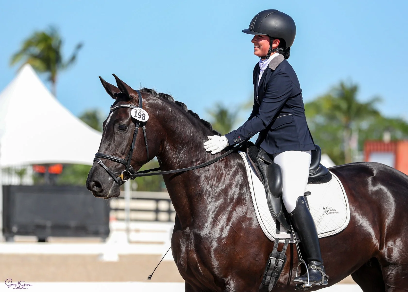 A woman riding a dark brown horse during a competitive show jumping event. The rider is wearing a navy blazer, white riding pants, and a black helmet.