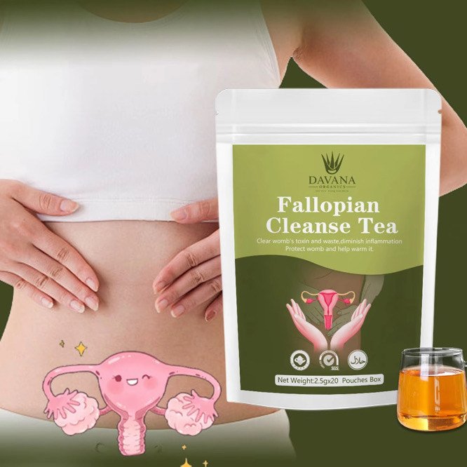 Package of Davana Organic Fallopian Cleansing Tea with illustration of a uterus and a glass of tea, along with a cartoon uterus character in front of a woman's abdomen.