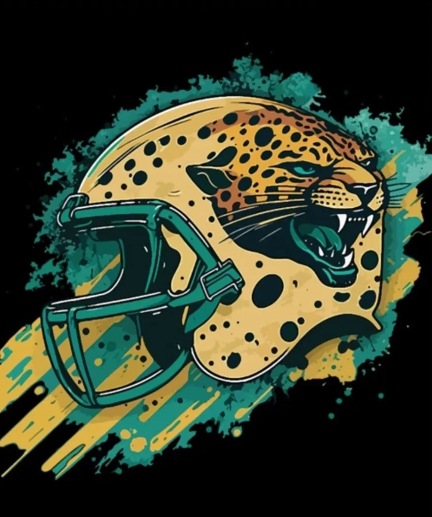 A stylized illustration of a jaguar's head wearing a football helmet. The background has splashes of teal and yellow paint.