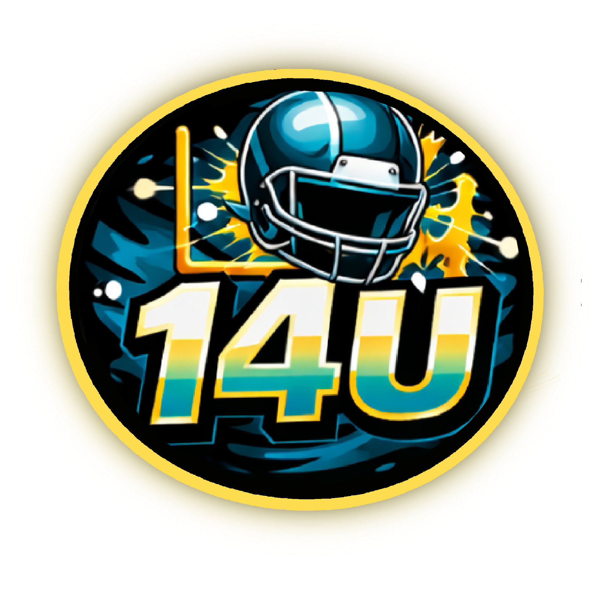 A graphic featuring a football helmet and the number 140 with a stylized lightning bolt and explosion in the background, all within a circular yellow border.