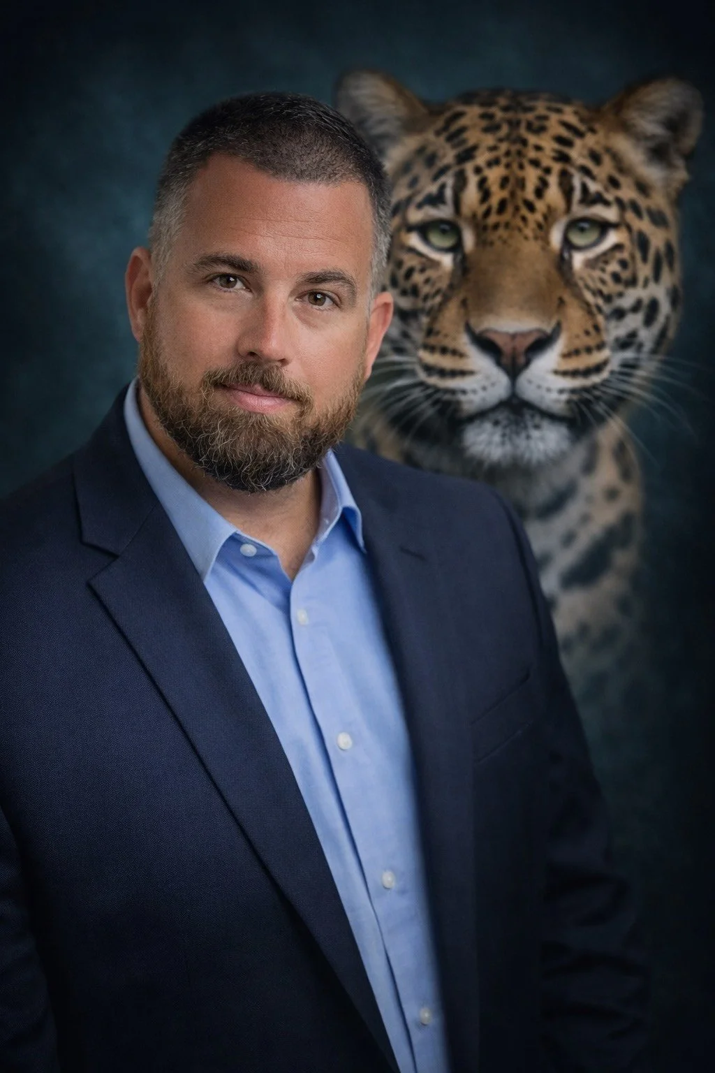 A man with a beard and short hair wearing a dark suit jacket and light blue shirt, standing in front of a background with a large image of a tiger's face.