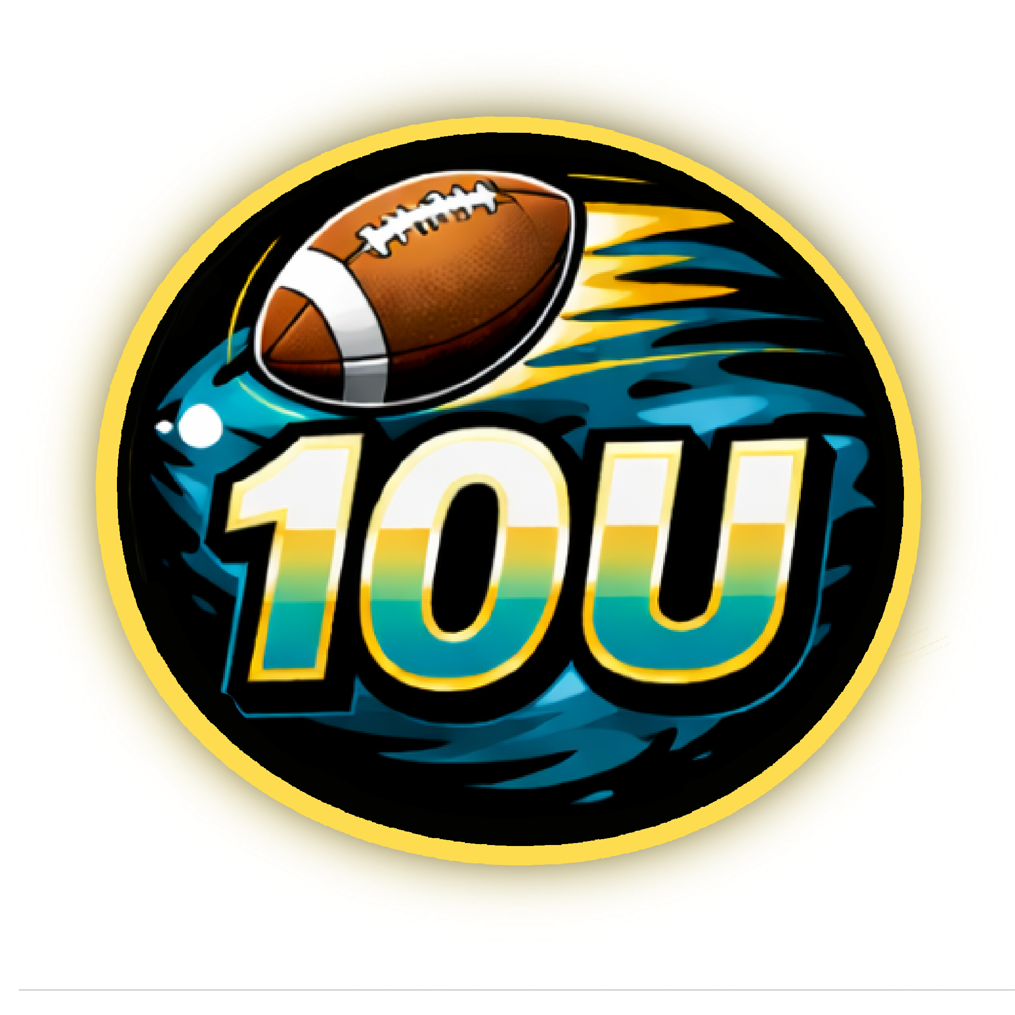 A football-themed logo featuring a football with a trail behind it, surrounding the number '100' in gradient colors, with a yellow ring border on a black background.