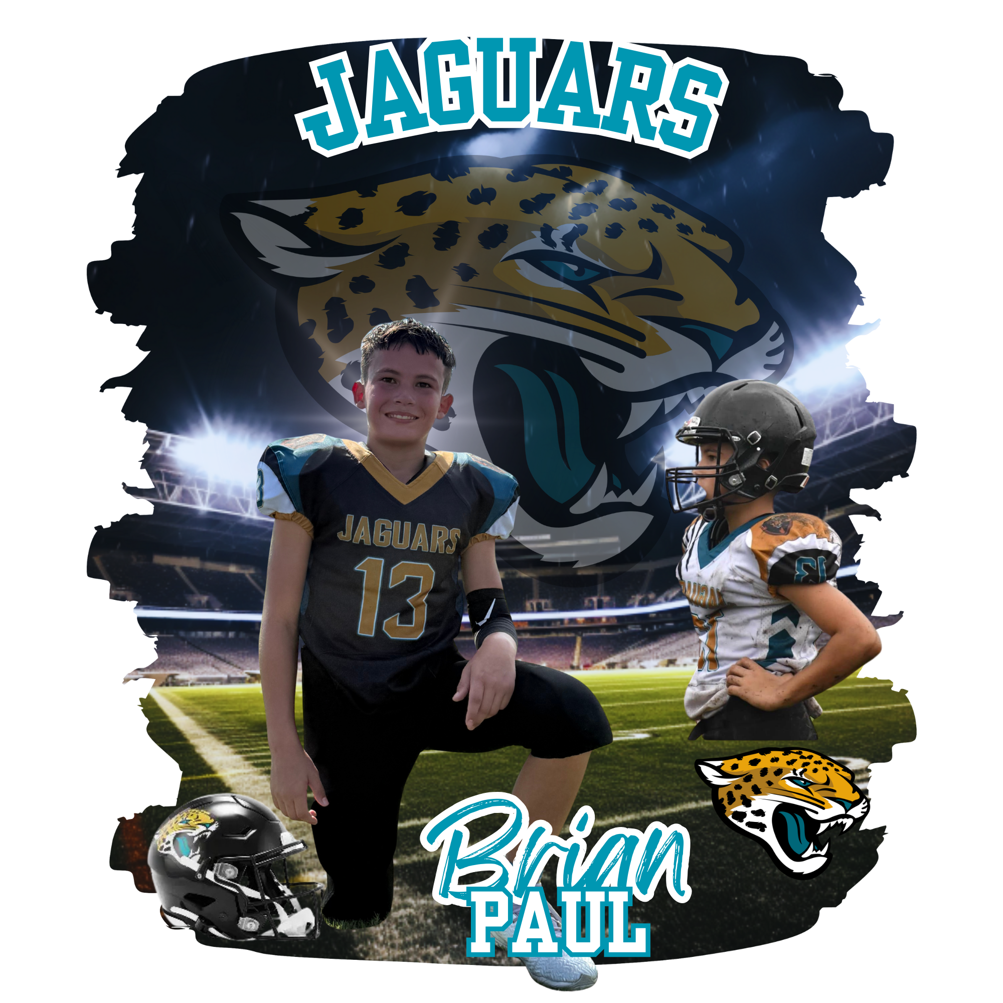 A graphic design featuring a young football player in a Jaguars uniform, with a large Jaguars logo and stadium background. The text 'Jaguars' is at the top and 'Brian Paul' at the bottom, alongside a helmet and a cartoon Jaguar head logo.