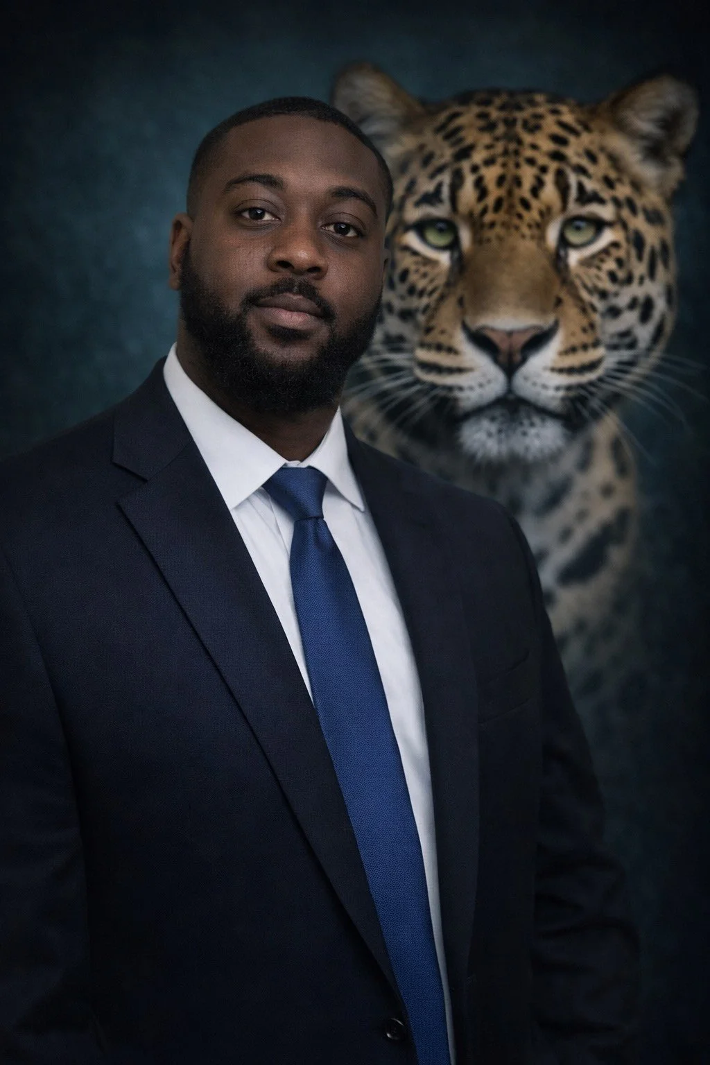 A man in a suit and tie standing in front of a close-up mural of a leopard.