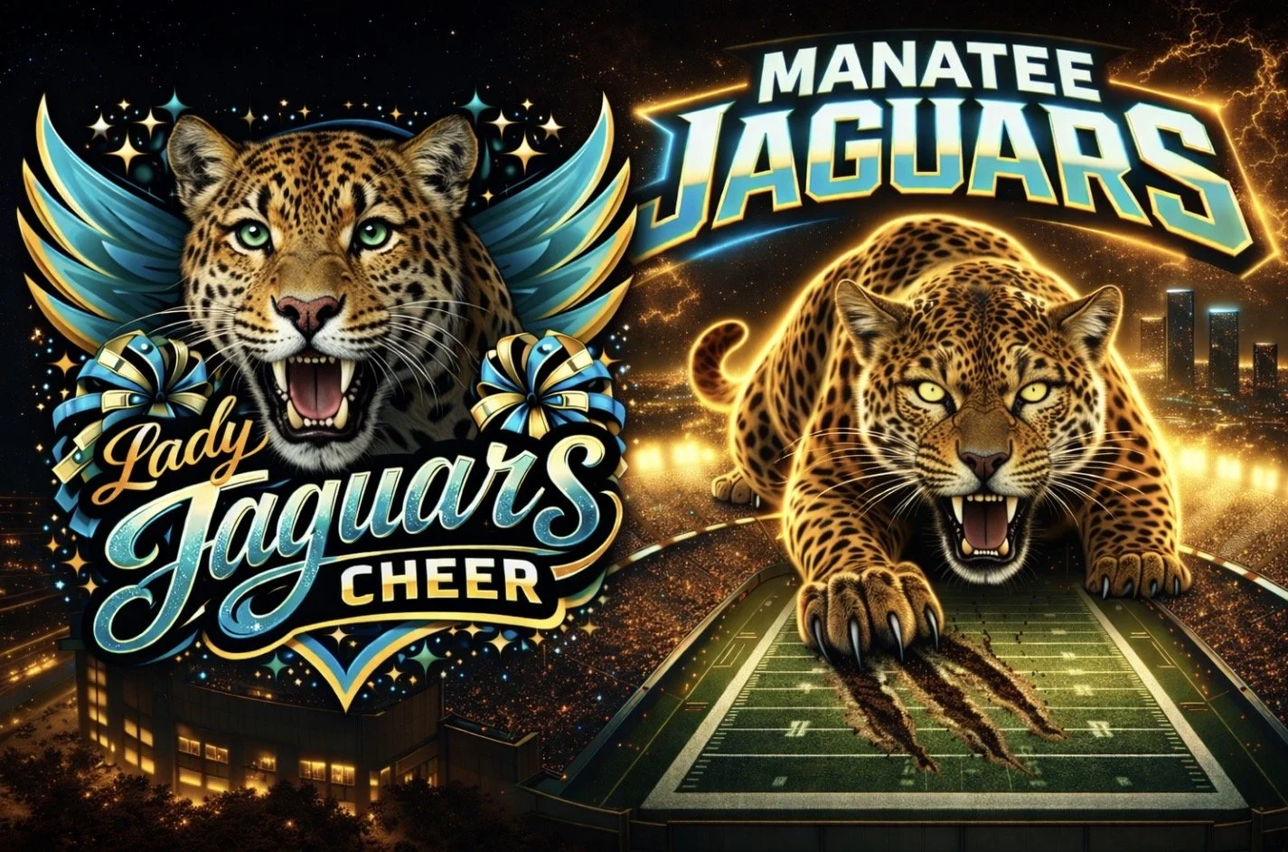 A graphic of two jaguars, one with angel wings and cheerleading pom-poms, representing Lady Jaguars Cheer, and the other with a lightning bolt background, representing Manatee Jaguars football, both on a football field with a city skyline at night.