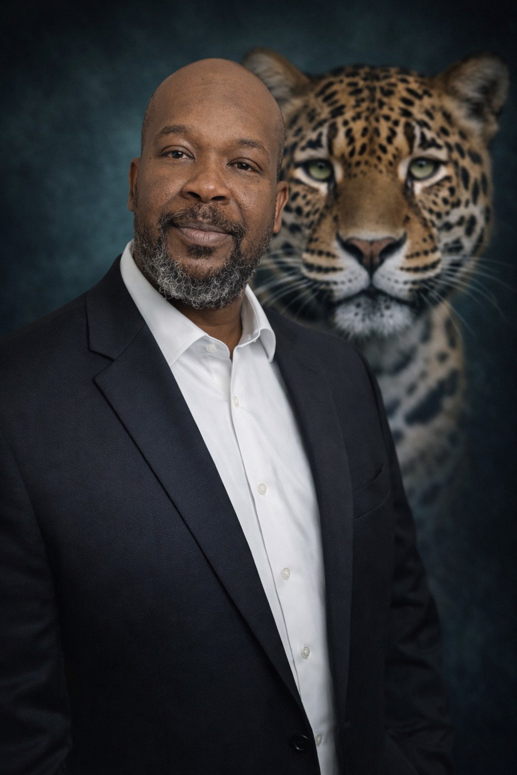 A man in a black suit and white shirt standing in front of a background featuring a close-up image of a leopard's face.