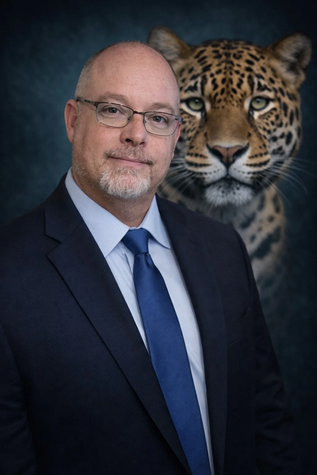 A man with glasses and a beard wearing a dark suit, light blue shirt, and blue tie standing in front of a backdrop featuring a close-up of a leopard's face.
