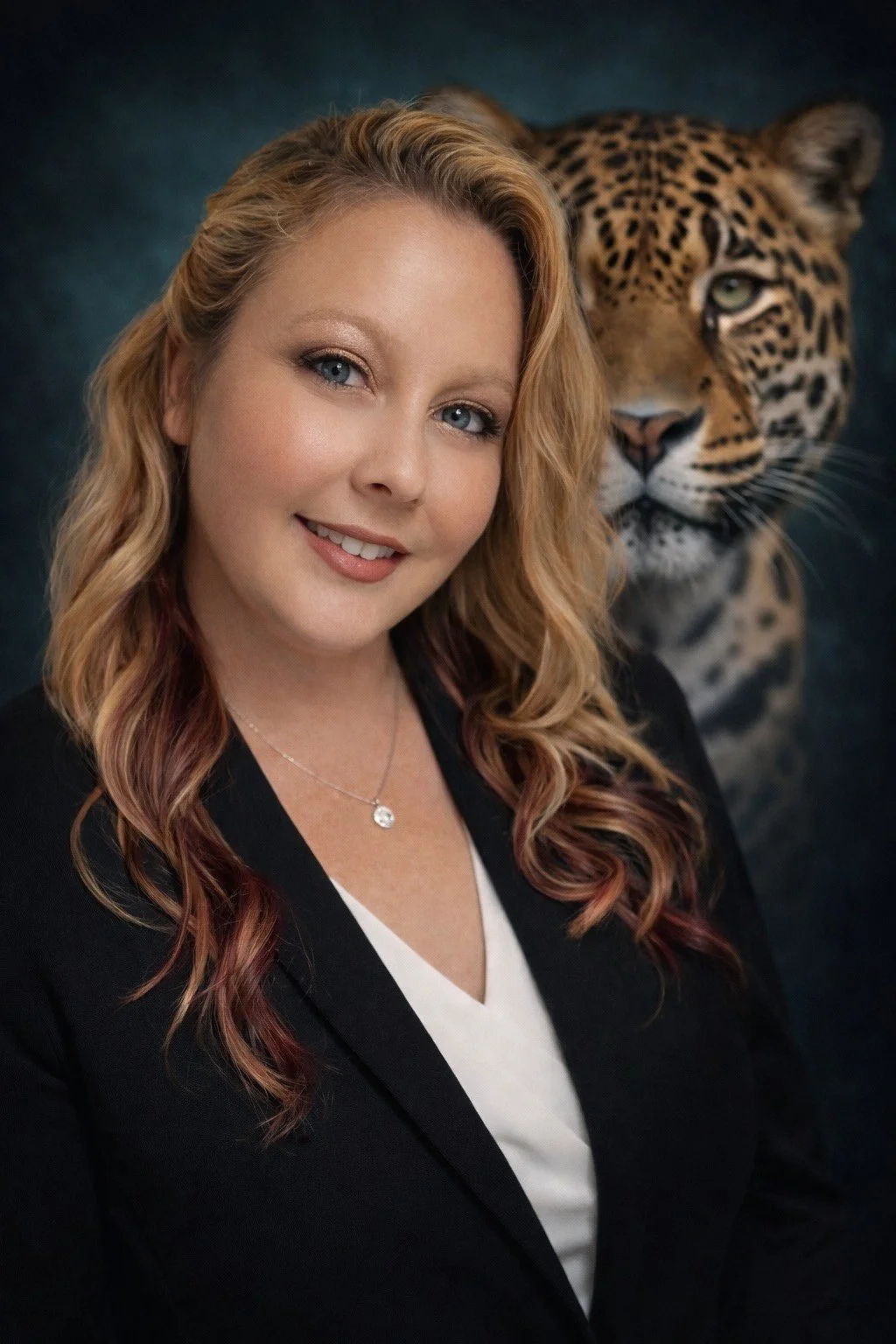 A woman with wavy blonde hair smiling at the camera, wearing a black blazer and a white top, with a tiger in the background.