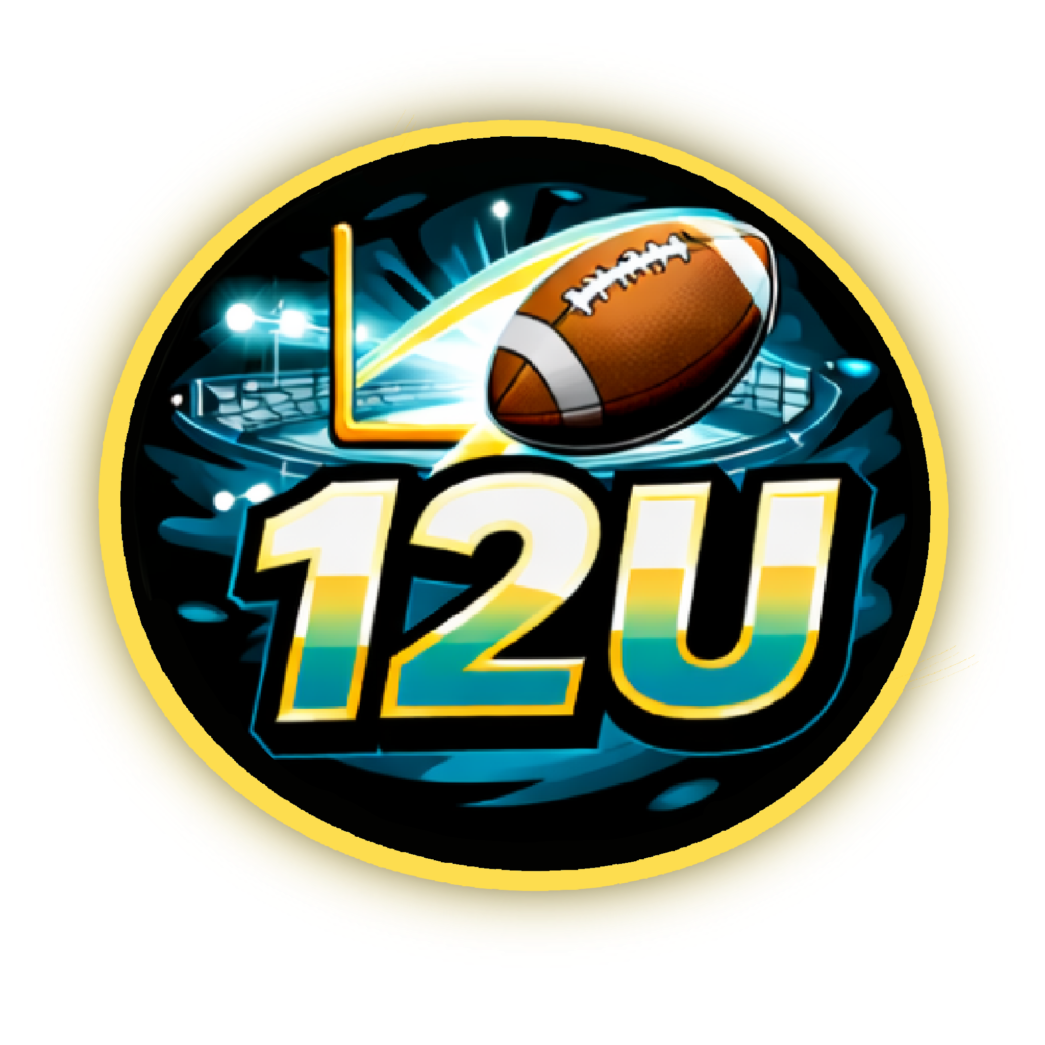 A graphic logo featuring a football, a clock, and the text '12U' with a circular yellow border, set against a dark background with stadium lights.