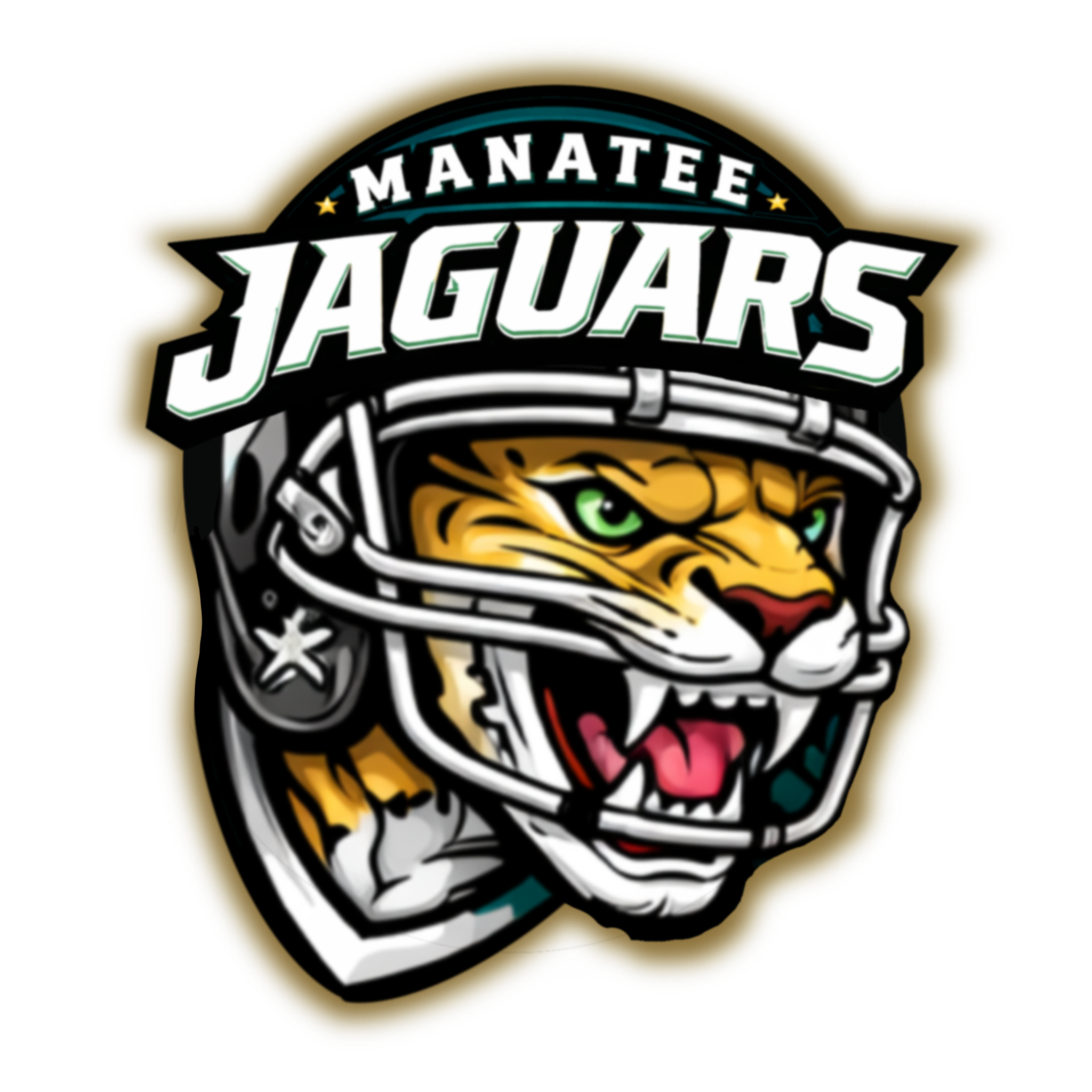 Logo of the Manatee Jaguars football team featuring a fierce jaguar wearing a helmet with the team name above.