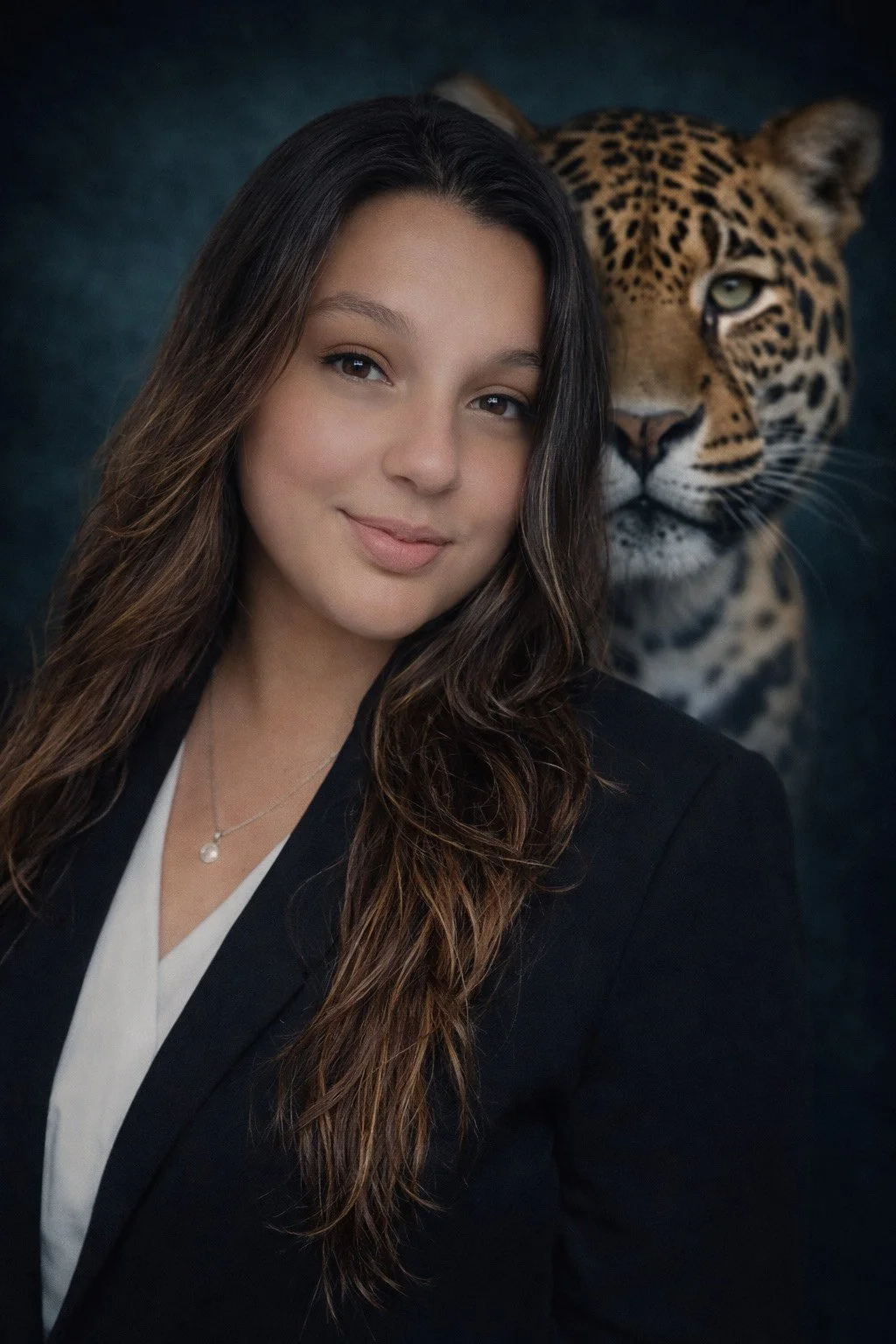 A woman with long wavy brown hair smiling in front of a background featuring a leopard.