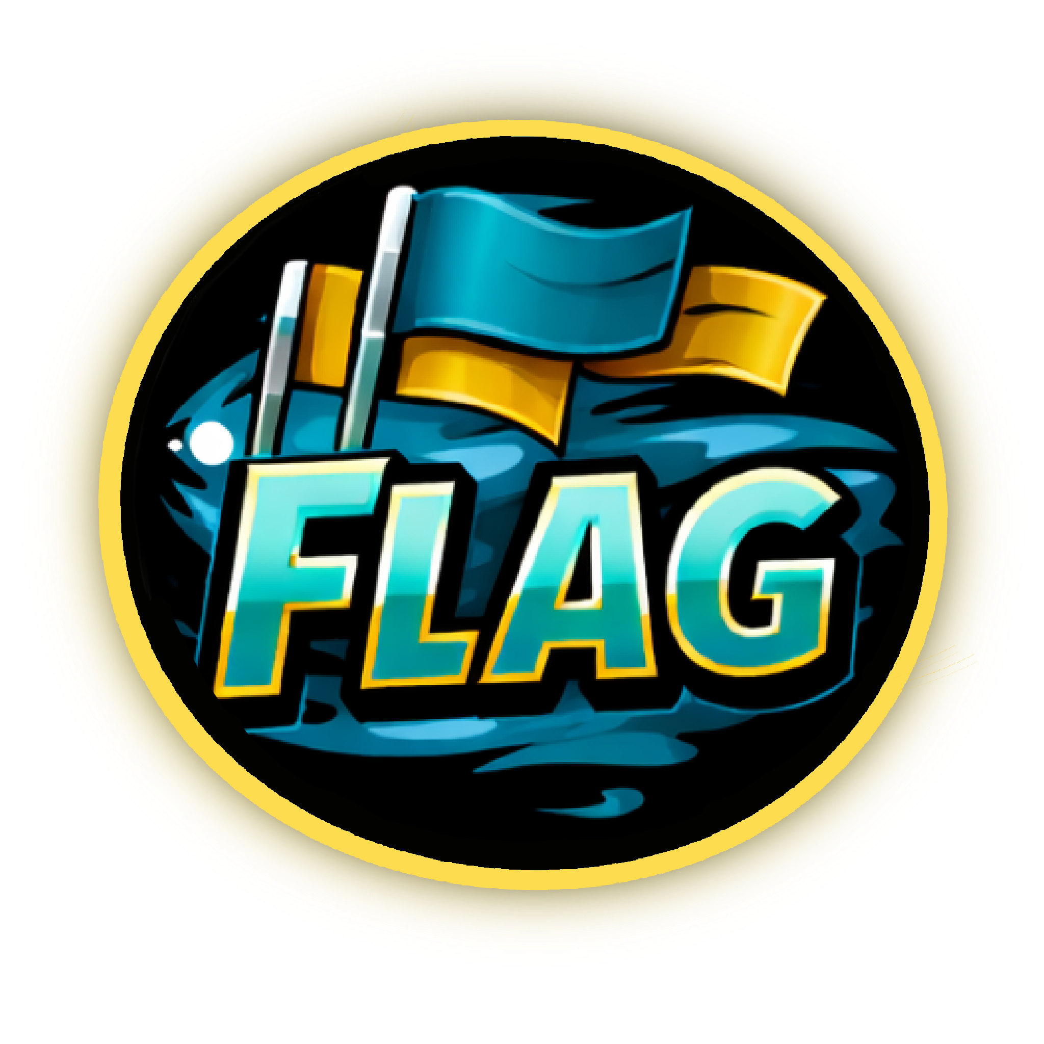 A circular badge with the word 'FLAG' in bold letters, featuring blue and yellow flags above the text, set against a black background with a gold border.