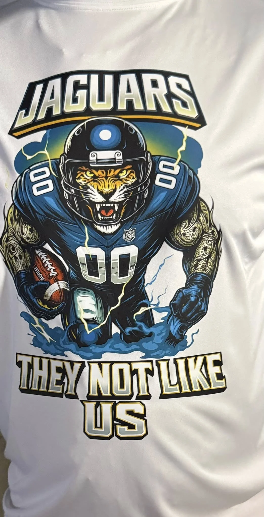 A graphic of a fierce jaguar with a football helmet, holding a football, surrounded by lightning and water, with the text 'Jaguars' at the top and 'They Not Like Us' at the bottom.