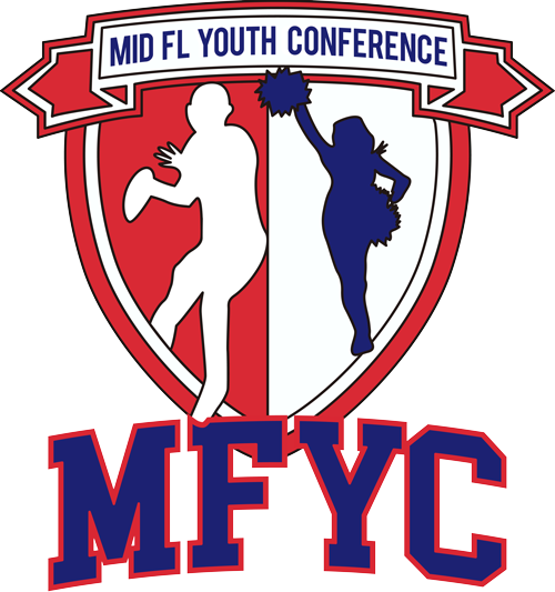 Logo for the Mid Florida Youth Conference featuring a red shield with a white and blue silhouette of a cheerleader and a football player, and the acronym 'MFYC' at the bottom.