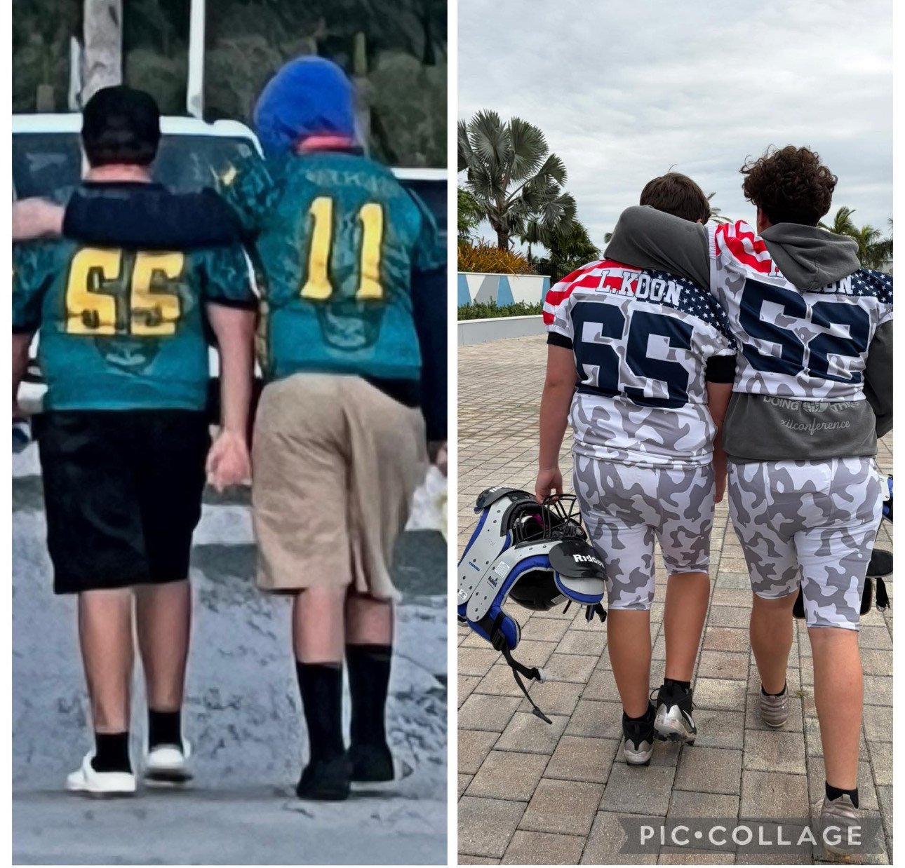 Two pairs of boys walking outdoors, head to head, with their arms around each other's shoulders. The left pair is wearing blue and black sports jerseys with numbers 55 and 11, and one boy has a blue hoodie. The right pair is wearing matching camoufla